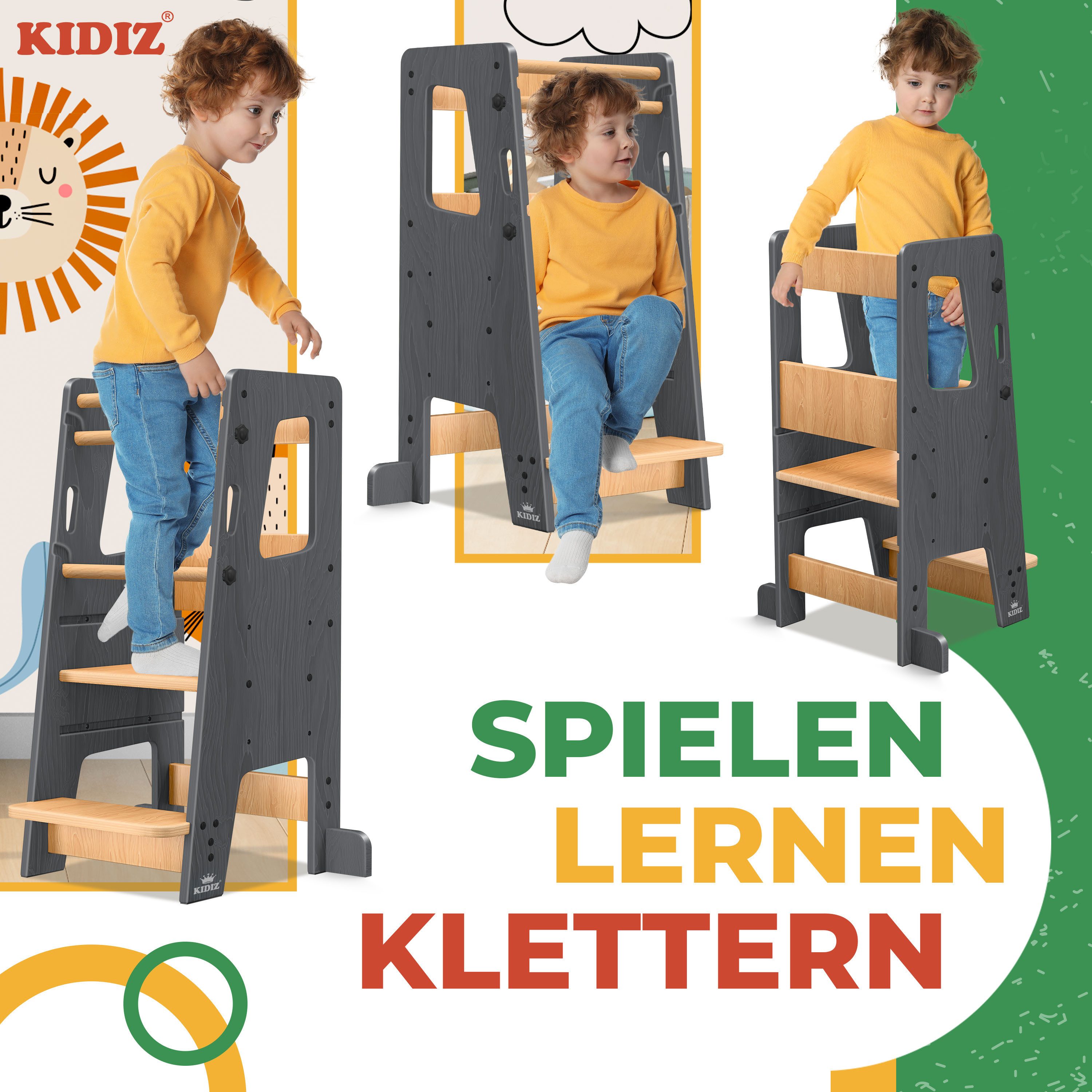 KIDIZ Stehhilfe (Tritthocker inklusive Lernuhr & abnehmbarer Anti-Kipp-Schutz), 3-stufig Höhenverstellbar, spielerisch motorische Fähigkeiten fördern – Bild 5 von 5