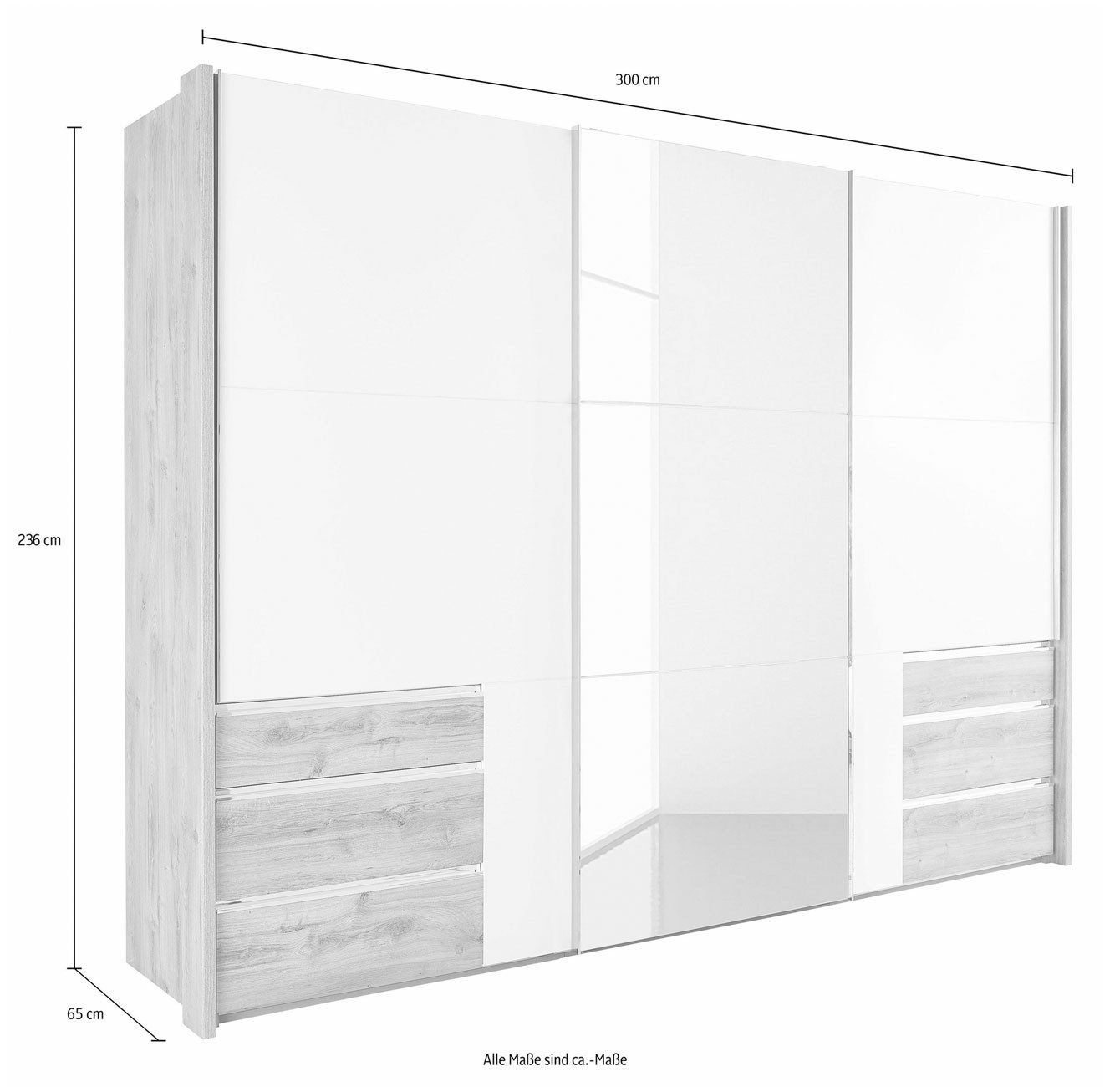 Wimex Schwebetürenschrank Level (mit Schwebetüren, Holzböden, Kleiderstangen, 1-St., mit Spiegel, Synchronöffnung, Metallgriffleisten) 300x65x236cm weiß mit Spiegel und 6 Schubladen