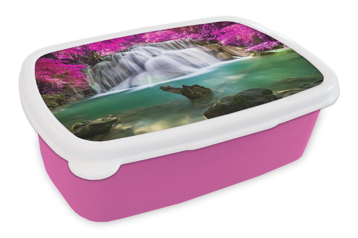 MuchoWow Lunchbox Wasserfall - Rosa - Bäume, Kunststoff, (2-tlg), Brotbox für Erwachsene, Brotdose Kinder, Snackbox, Mädchen, Kunststoff