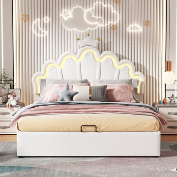 NMonet Polsterbett Kinderbett Jugendbett Doppelbett (Verstellbares Kopfteil), krone-Form Prinzessinnenbett, mit LED-Beleuchtung, 140x200cm