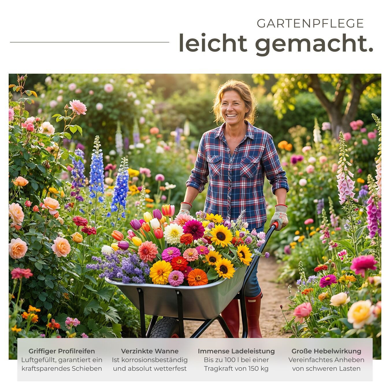 tectake Schubkarre Gartenkarre Oskar - Verzinkte Wanne mit 100L Volumen, (Einzelartikel, 1 St), Trägt bis zu 250 kg dank robustem Stahlrahmen und Verstärkung – Bild 5 von 5