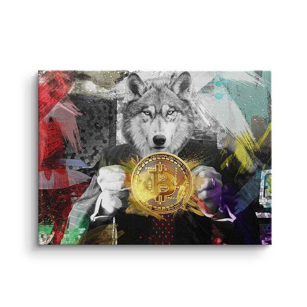 Leinwandbild Rahmen - Motivation - Trading Bitcoin Bitcoin Crypto Premium Wolf Wolf, - DOTCOMCANVAS® Leinwandbild - silberner