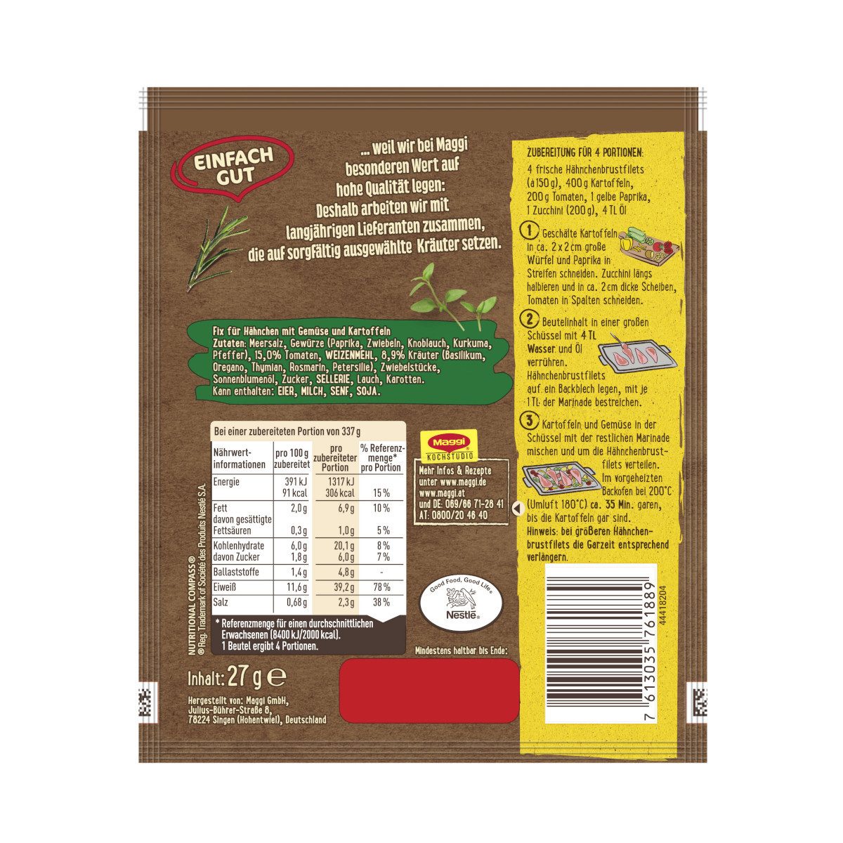 MAGGI Gewürz, Maggi Fix Ofen-Hähnchen mit Gemüse und Kartoffeln Packung 27g