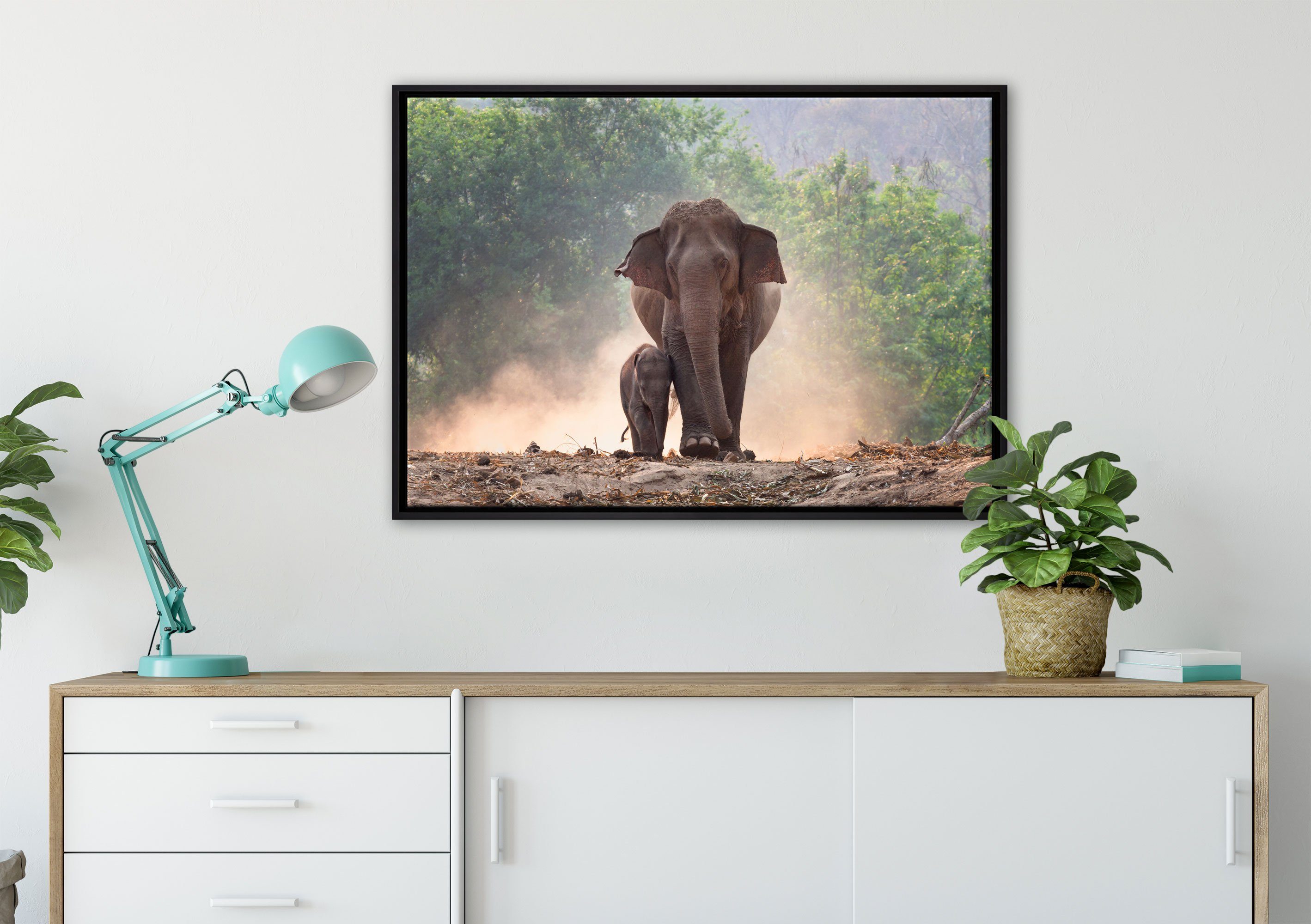 Pixxprint Leinwandbild Elefantenbaby mit inkl. Leinwandbild (1 gefasst, einem Wanddekoration St), Schattenfugen-Bilderrahmen fertig Mutter, Zackenaufhänger bespannt, in