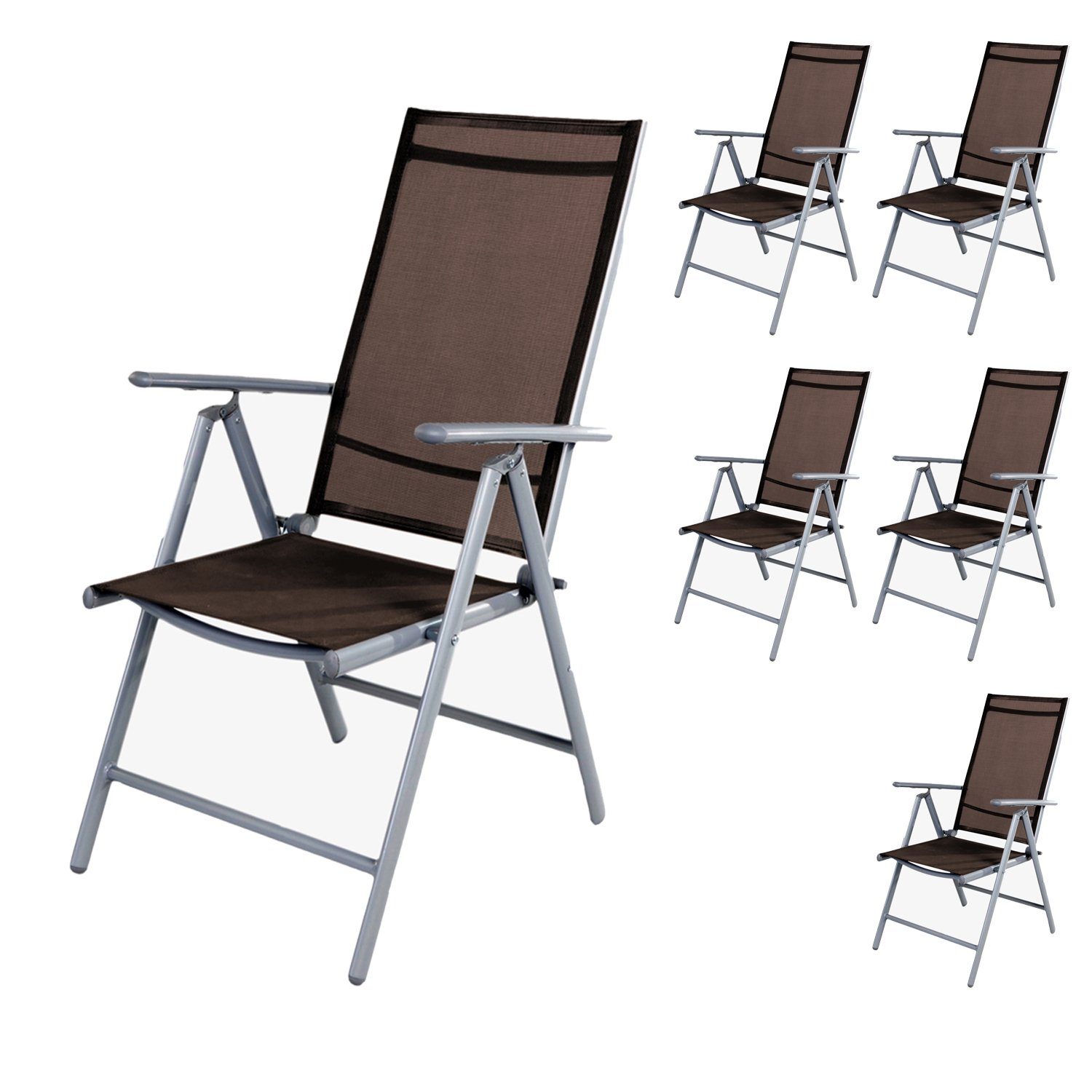 Mojawo Armlehnstuhl 6er Set Garten Klappstuhl Aluminium - Textilen Silbergrau/Schokobraun