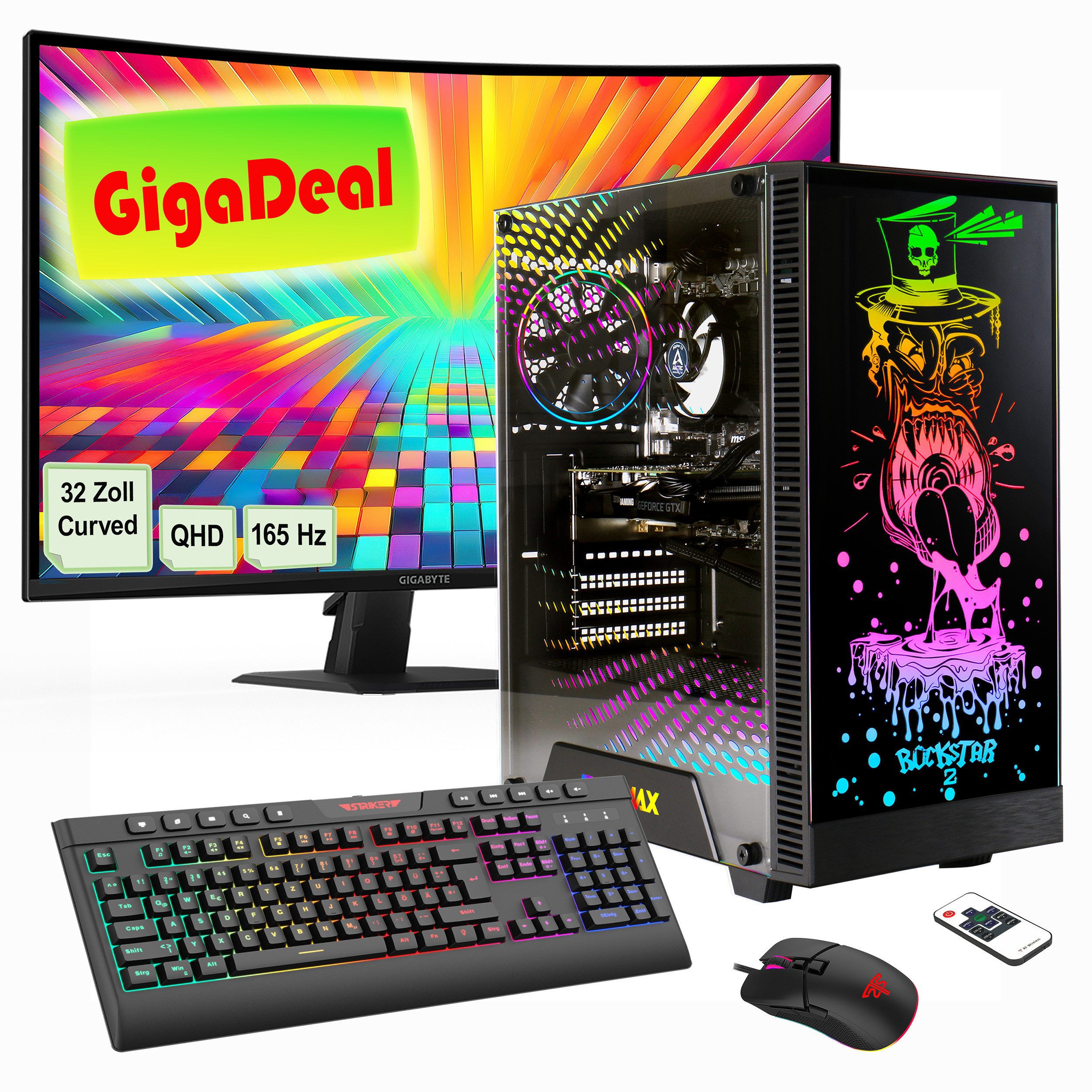 GAMEMAX GigaDeal Rockstar 2561 AMD Ryzen 7 5700X RTX 5060Ti 32GB DDR4 1TB SSD PC-Komplettsystem (32", AMD Ryzen 7 5700X, RTX 5060 Ti, 32 GB RAM, 1000 GB SSD, Windows 11, DDR4 RAM + Gigabyte GS32QC LED-Monitor Curved, 80 cm (32)