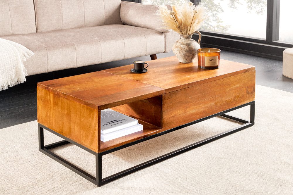 riess-ambiente Couchtisch MAKASSAR FUNCTION 110cm braun - Mangoholz, honey finish, Metall (Einzelartikel, 1-St), Ausfahrbarer Beistelltisch - ideal für industrial Wohn- und Esszimmer