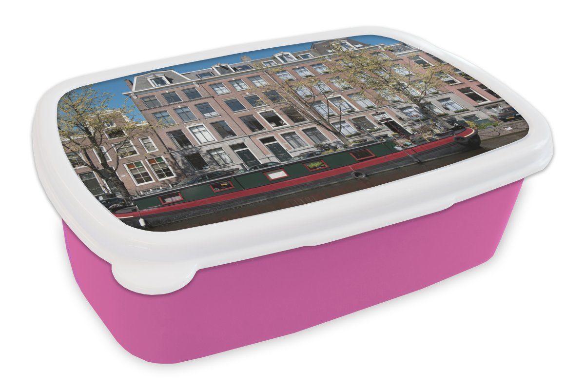 MuchoWow Lunchbox Ein einem roten Hausboot (2-tlg), Erwachsene, Mädchen, für Brotdose Brotbox Kanalhäuser, mit rosa Kunststoff für Snackbox, Kinder, Streifen Kunststoff