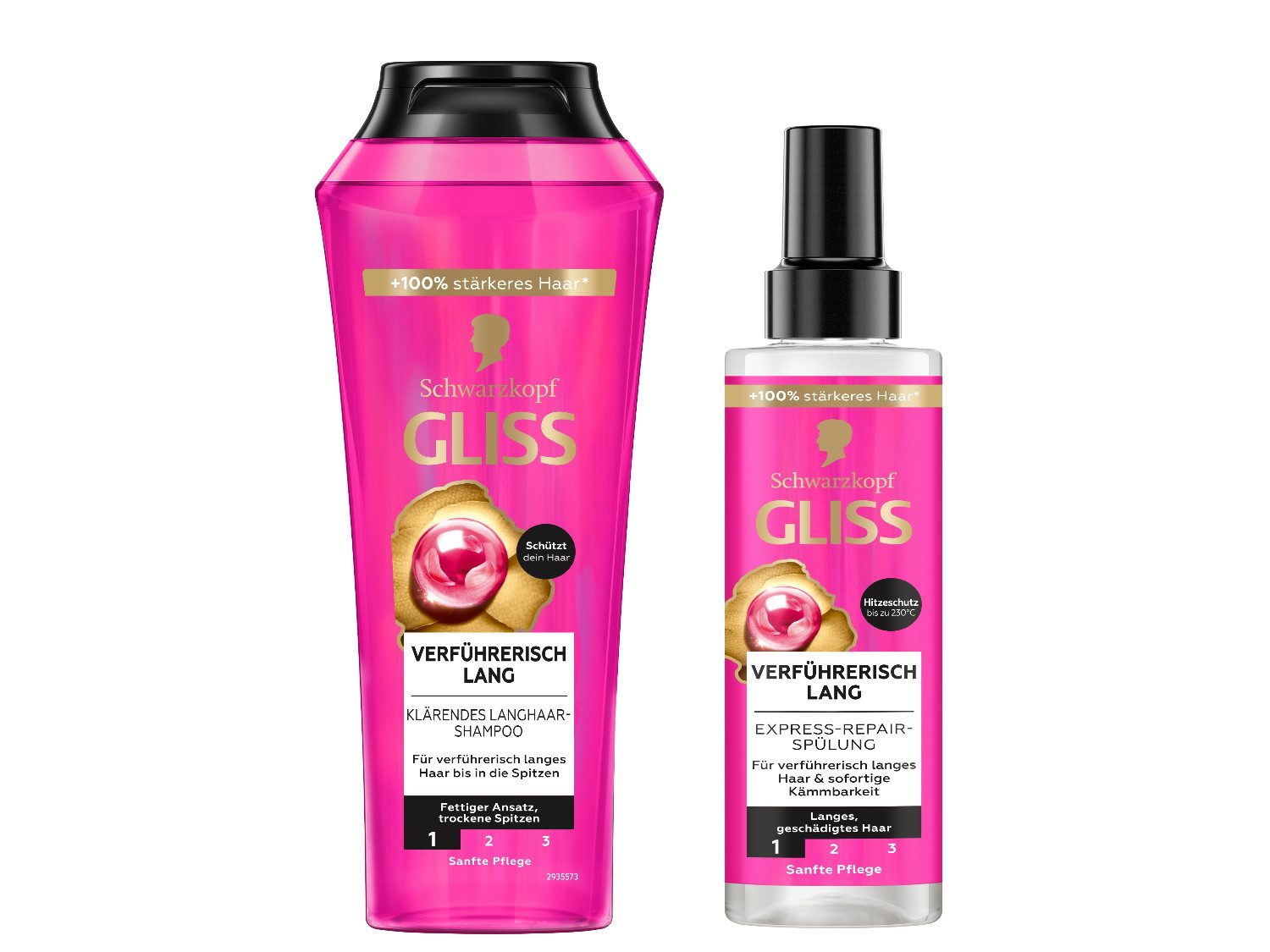Gliss Haarshampoo Verführerisch Lang 250ml & Express-Repair-Spülung 200ml, 2-tlg., Pflegeshampoo, Pflegespülung, Hitzeschutz, Sprüh-Spülung