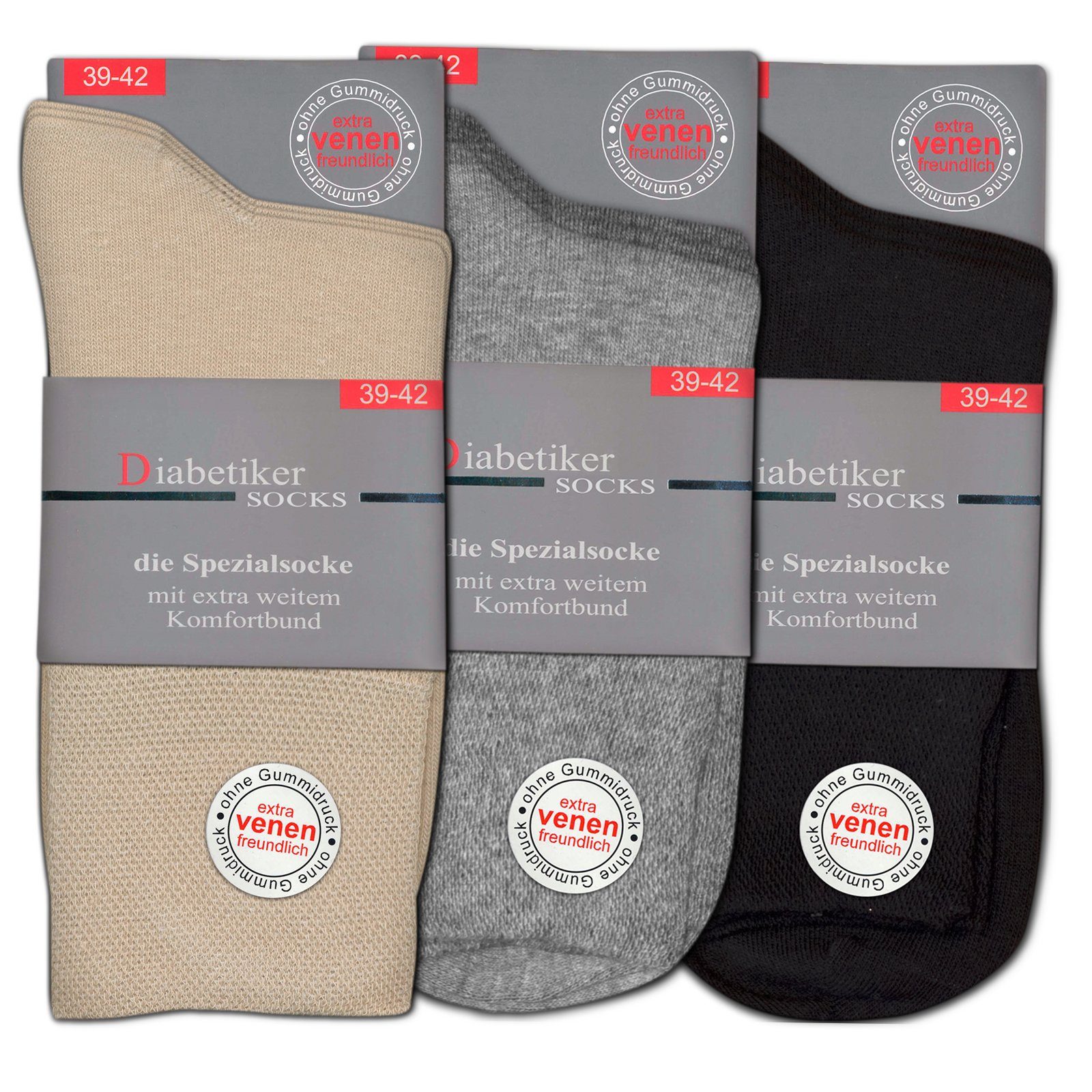 Die Sockenbude Diabetikersocken EXTRA 3-Paar, VENENFREUNDLICH garantiert schwarz) Gummi beige grau (Bund, ohne