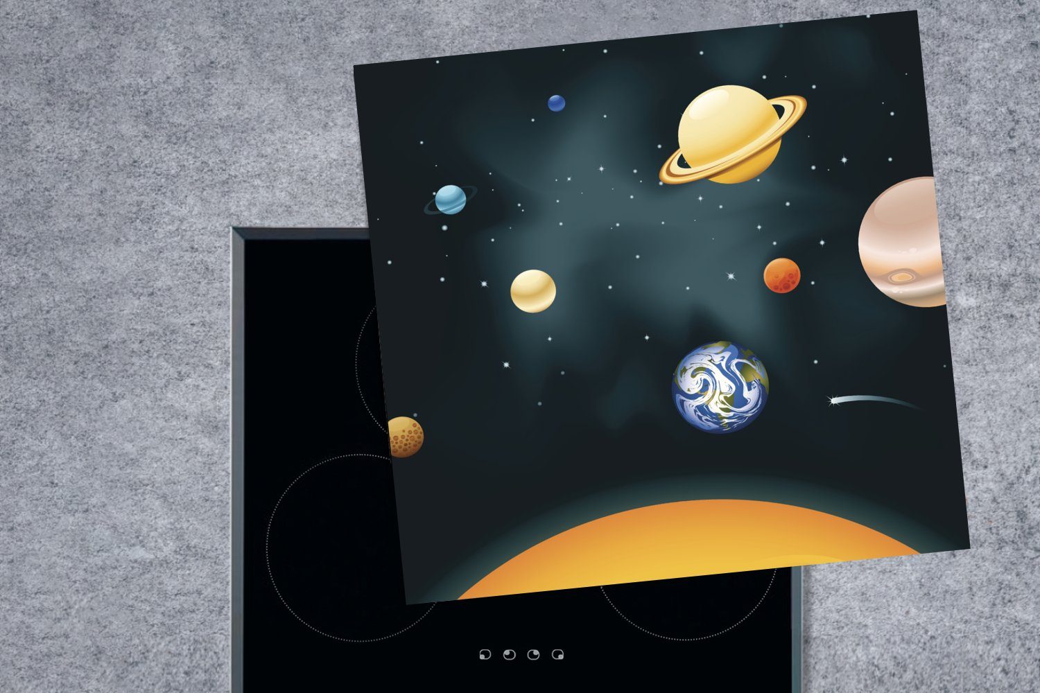Arbeitsplatte Herdblende-/Abdeckplatte cm, mit küche unserem (1 tlg), des Vinyl, Ceranfeldabdeckung, 78x78 Illustration Eine Sonnensystems für Planeten, MuchoWow