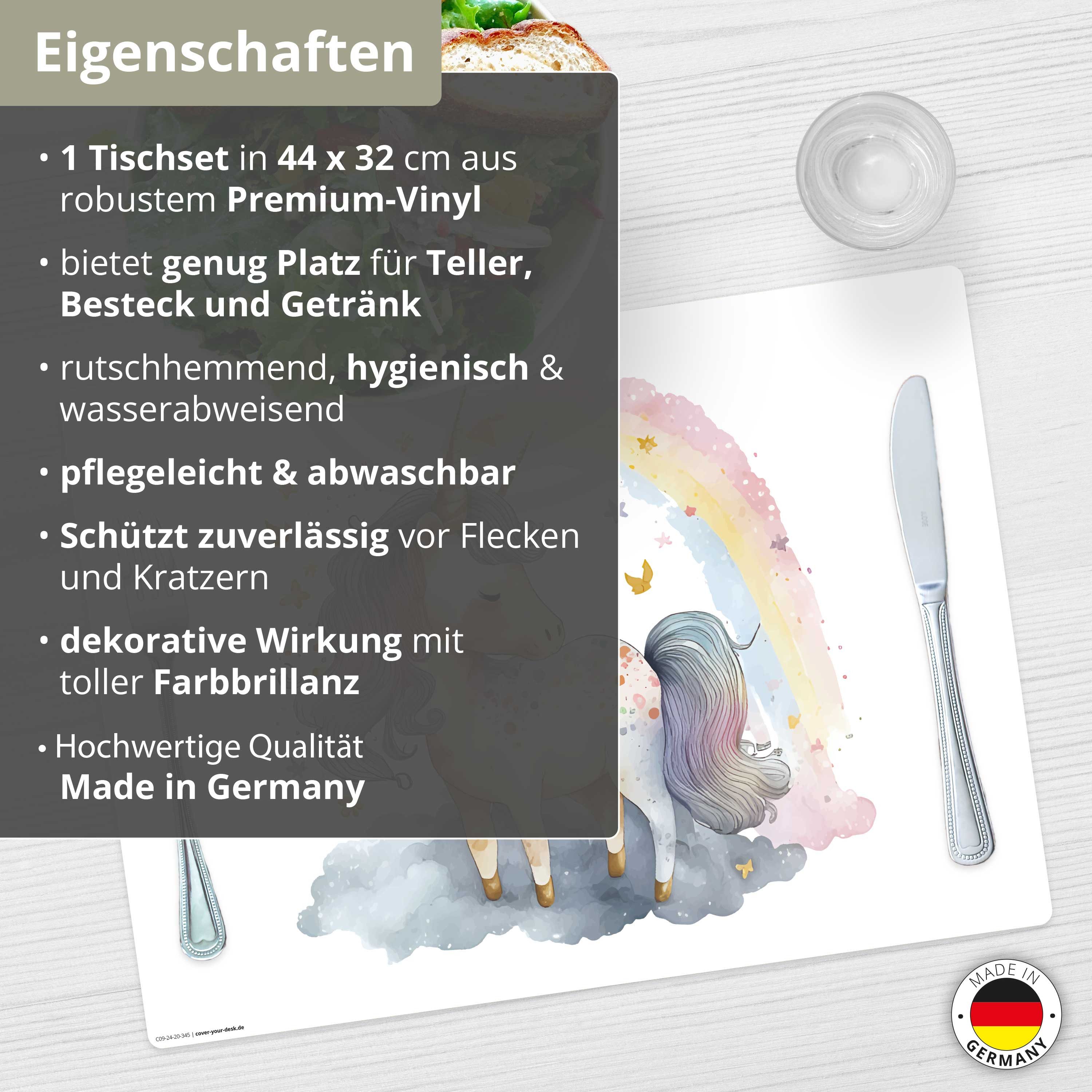 Tischsetmacher Platzset abwaschbar - für Kinder - Regenbogen Einhorn Aquarell, (aus erstklassigem Vinyl (Kunststoff - BPA - frei), 1-St., 44 x 32 cm - rutschfes – Bild 3 von 5
