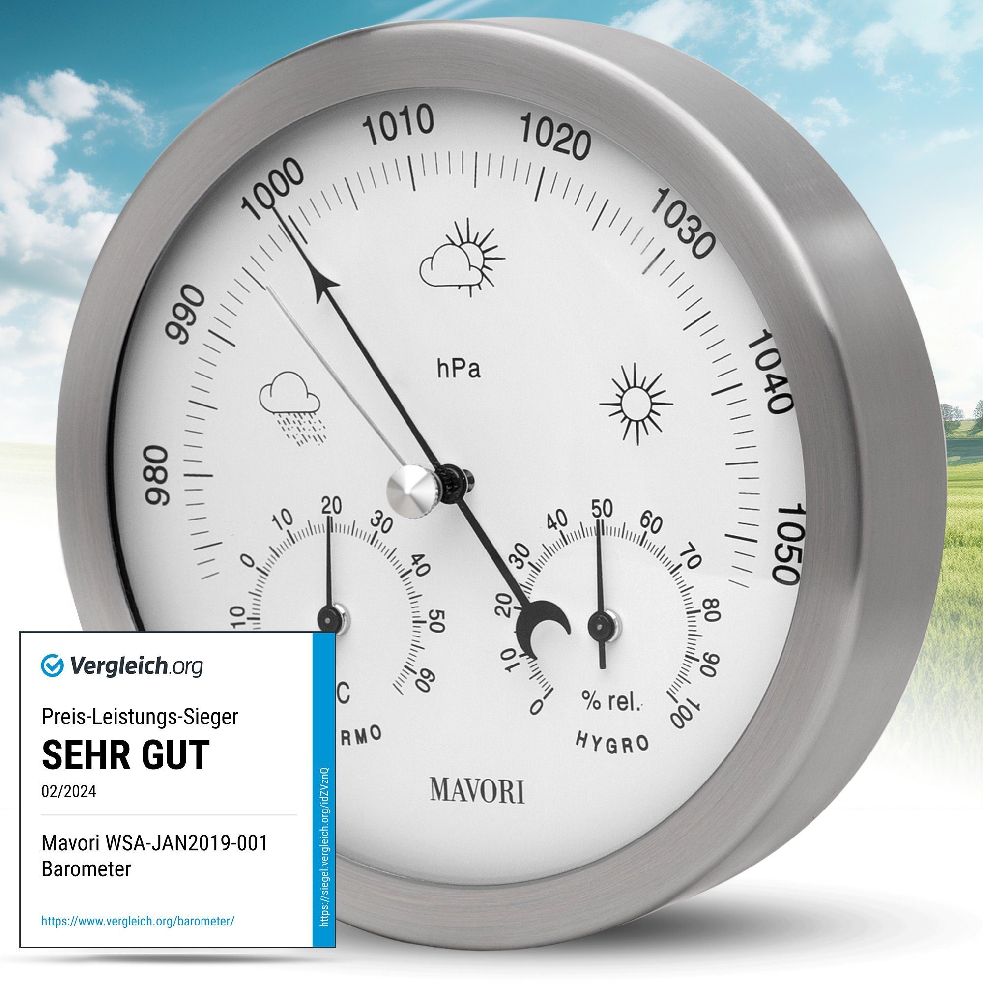 MAVORI analoge Wetterstation - 3in1 Barometer, Hygrometer & Thermometer Wetterstation (inkl. Befestigungsmaterial für Wandmontage, mechanische Messung - ohne Batterie oder flüssige Substanzen)