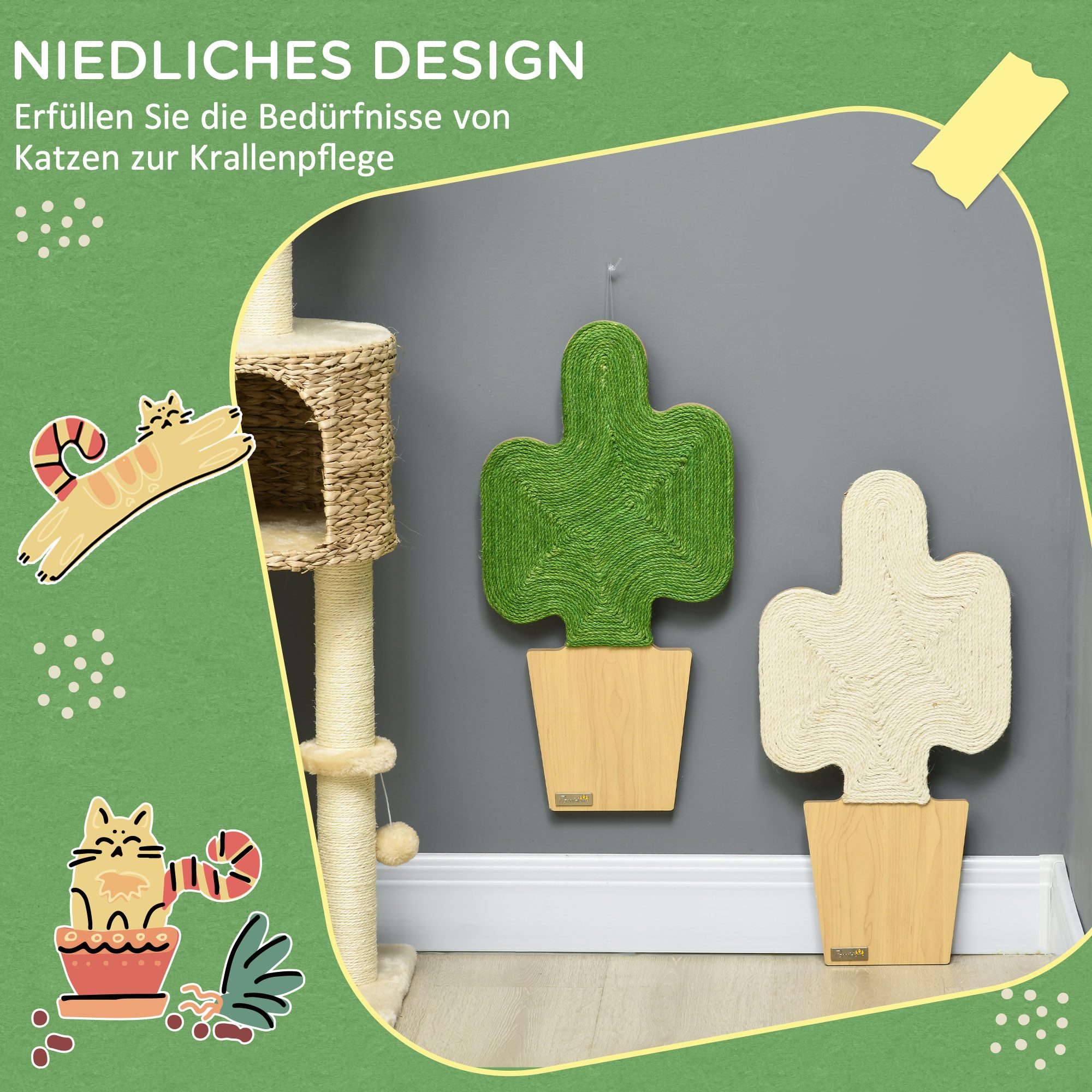 furnicato Kratzbaum Katzen Kratzbrett 30B x 60H cm in Eiche, Weiß und Grün, Kratzmatte im Kakteen-Design mit Juteseil zur Montage an der Wand
