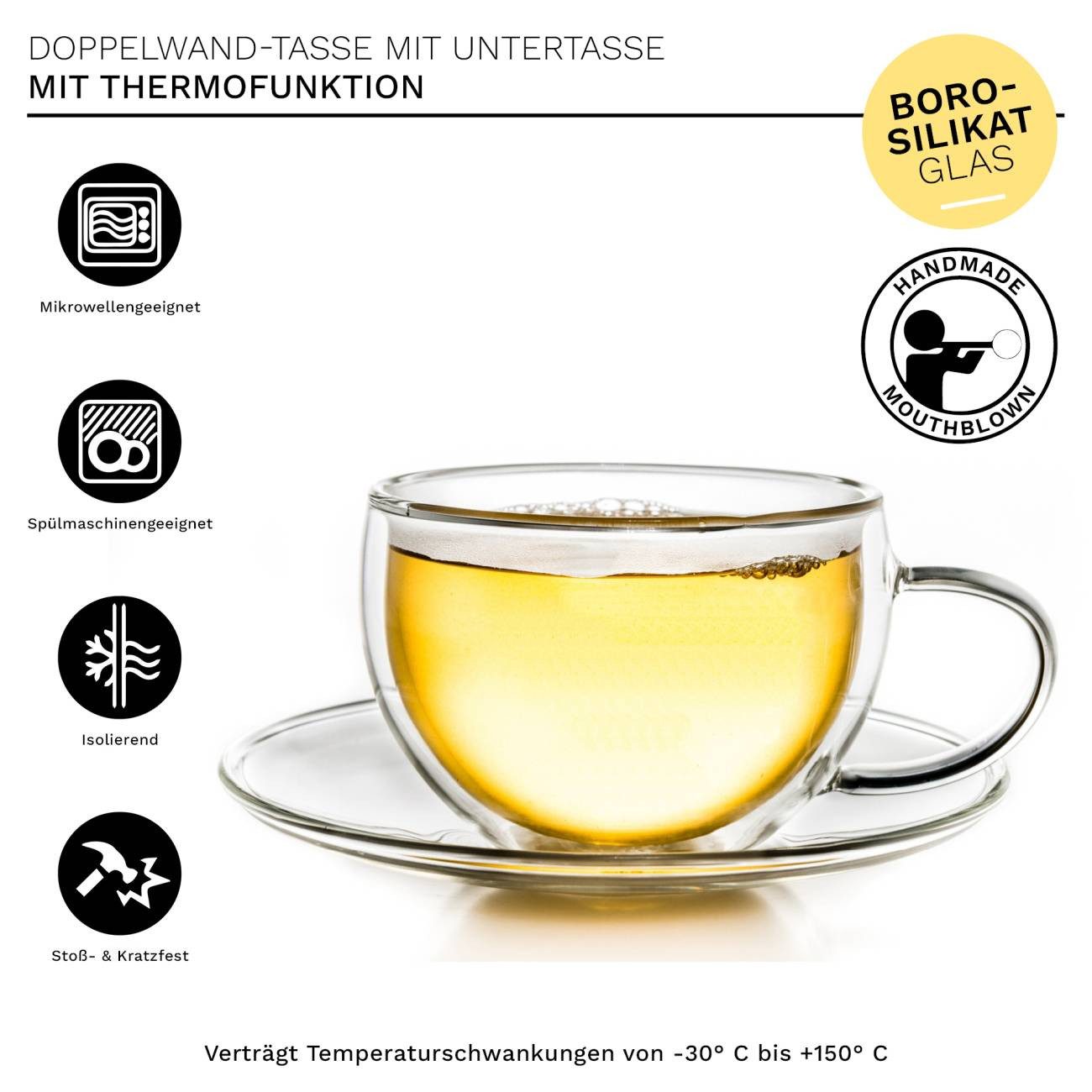 Creano Teeglas Thermo-Tasse doppelwandige Tee-Tasse mit Untersetzer 250ml, 6er Set – Bild 2 von 5