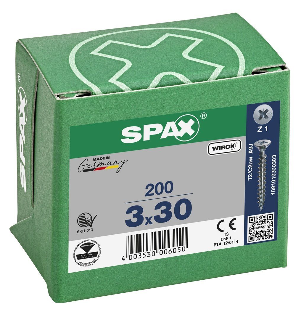 SPAX Spanplattenschraube Universalschraube, 200 3x30 (Stahl weiß mm verzinkt, St)