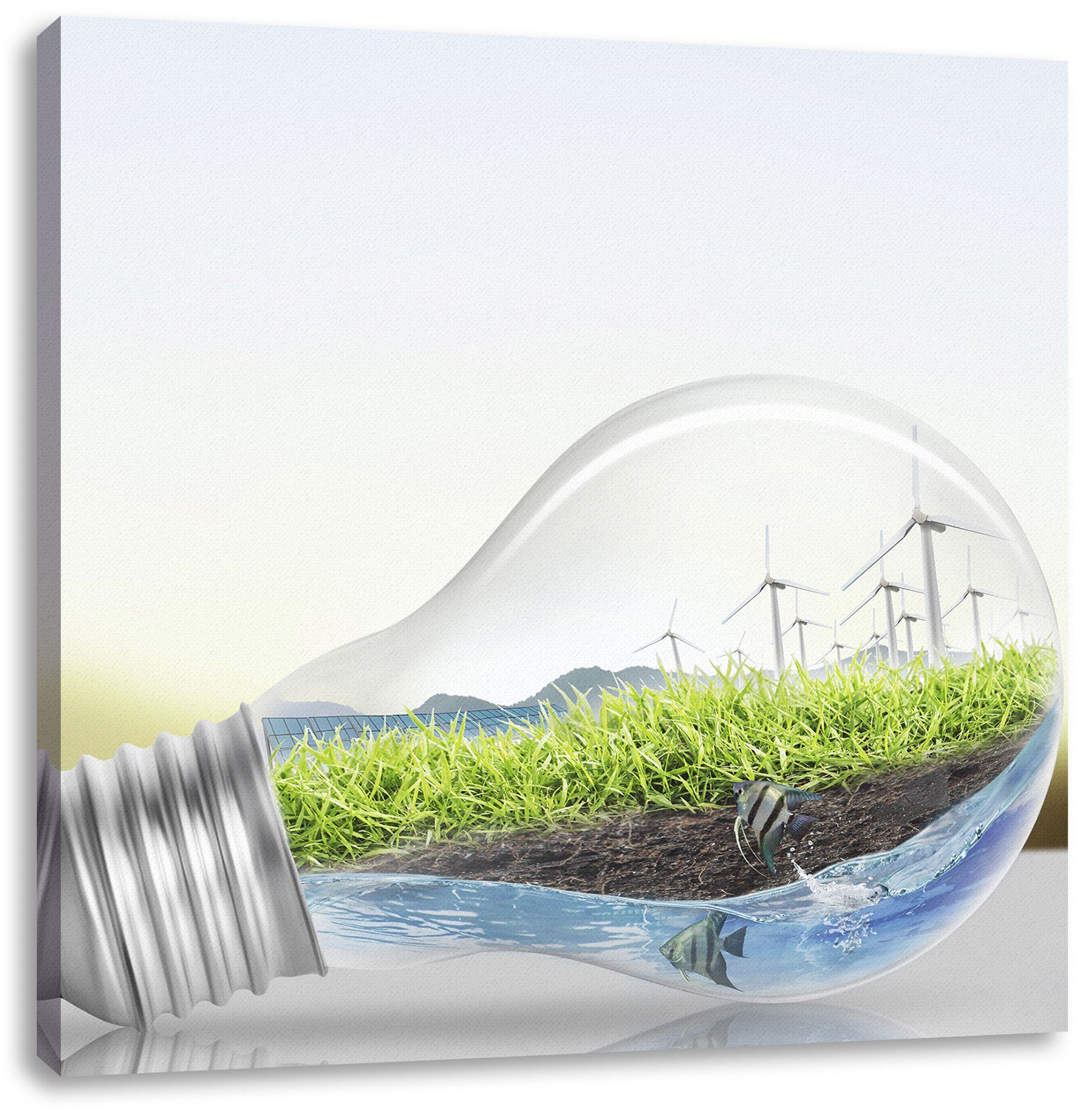 Pixxprint Leinwandbild Glühbirne Erneuerbare Energien, Glühbirne Erneuerbare Energien (1 St), Leinwandbild fertig bespannt, inkl. Zackenaufhänger