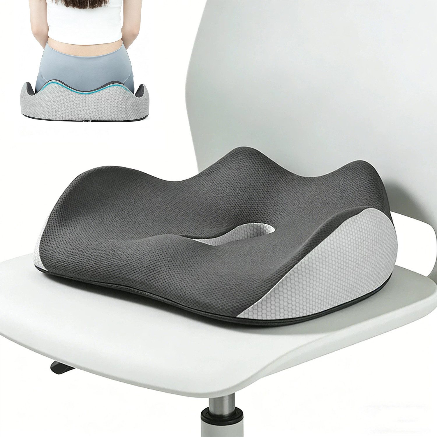 AIMAX Steißbeinkissen Hämorrhoiden Sitzkissen Orthopädisch Ergonomisch Multi-Stützkissen, Memory-Foam Sitzkissen für Bürostuhl, Auto & Zuhause, Rollstuhl, 1-tlg., Rutschfest, Atmungsaktiv, Komfortkissen mit waschbarem Bezug, Stuhlkissen zur Linderung von Schmerzen im Rücken Hüfte und Steißbein