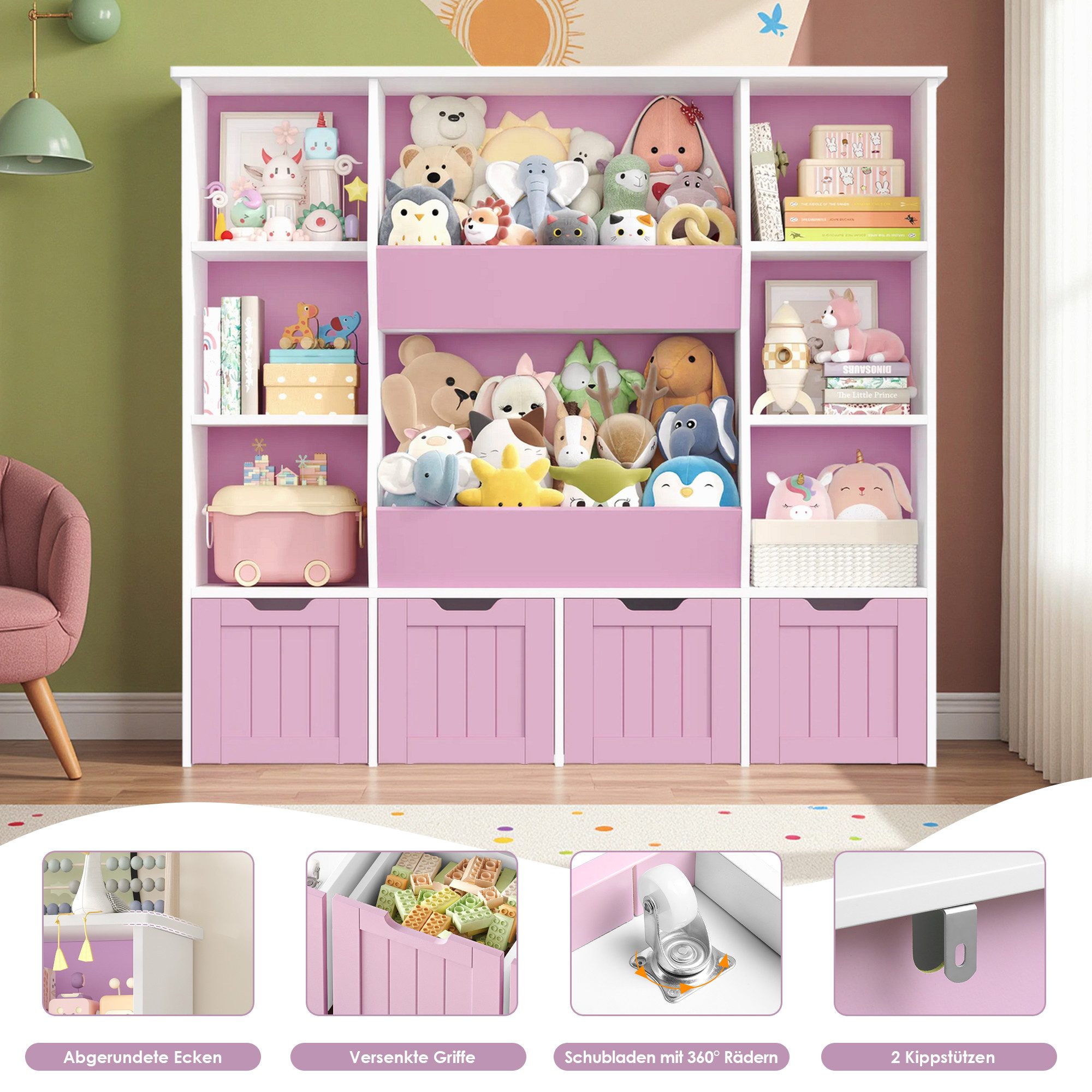 Homfa Kinderregal mit 4 Spielzeugkisten auf Rollen, Spielzeugregal mit 8 offenen Fächern Spielzeugtruhe 124.5x118x35cm – Bild 4 von 5
