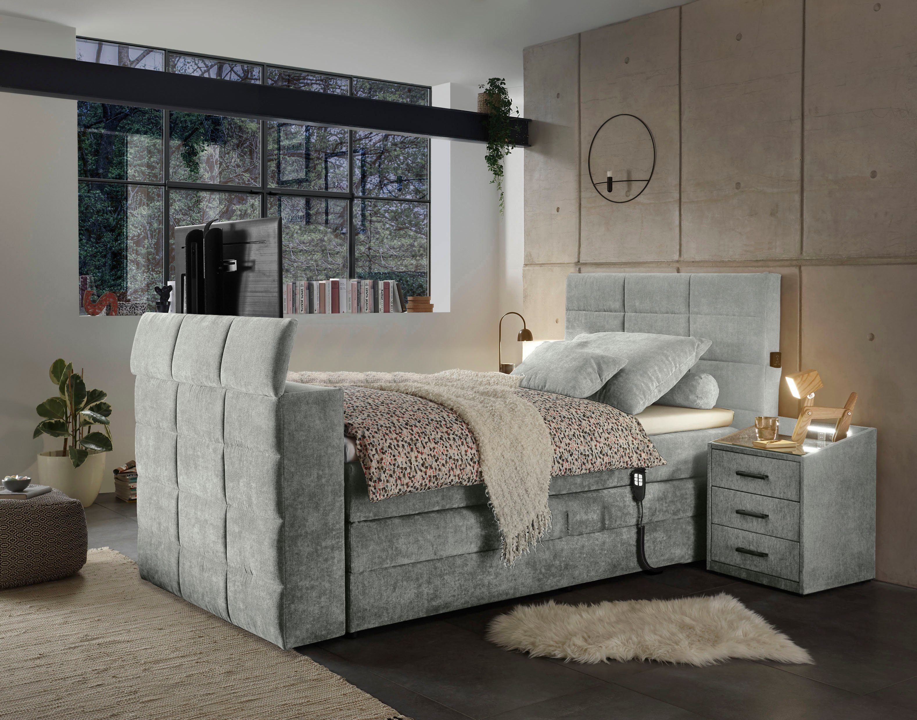 ED EXCITING DESIGN Boxspringbett Denver, inkl. Motor, Topper und motorisierter TV-Halterung bis 40 Zoll