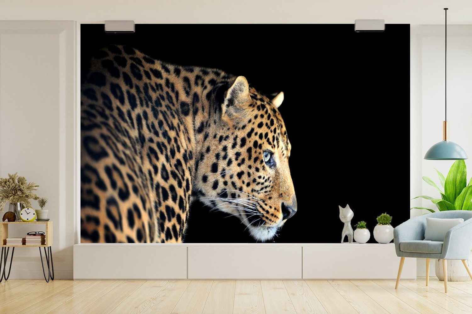 MuchoWow Fototapete Leopard bedruckt, für (6 - Wohnzimmer, - Vinyl Schlafzimmer, Kinderzimmer, Wallpaper Schwarz, Profil Matt, St), Tapete