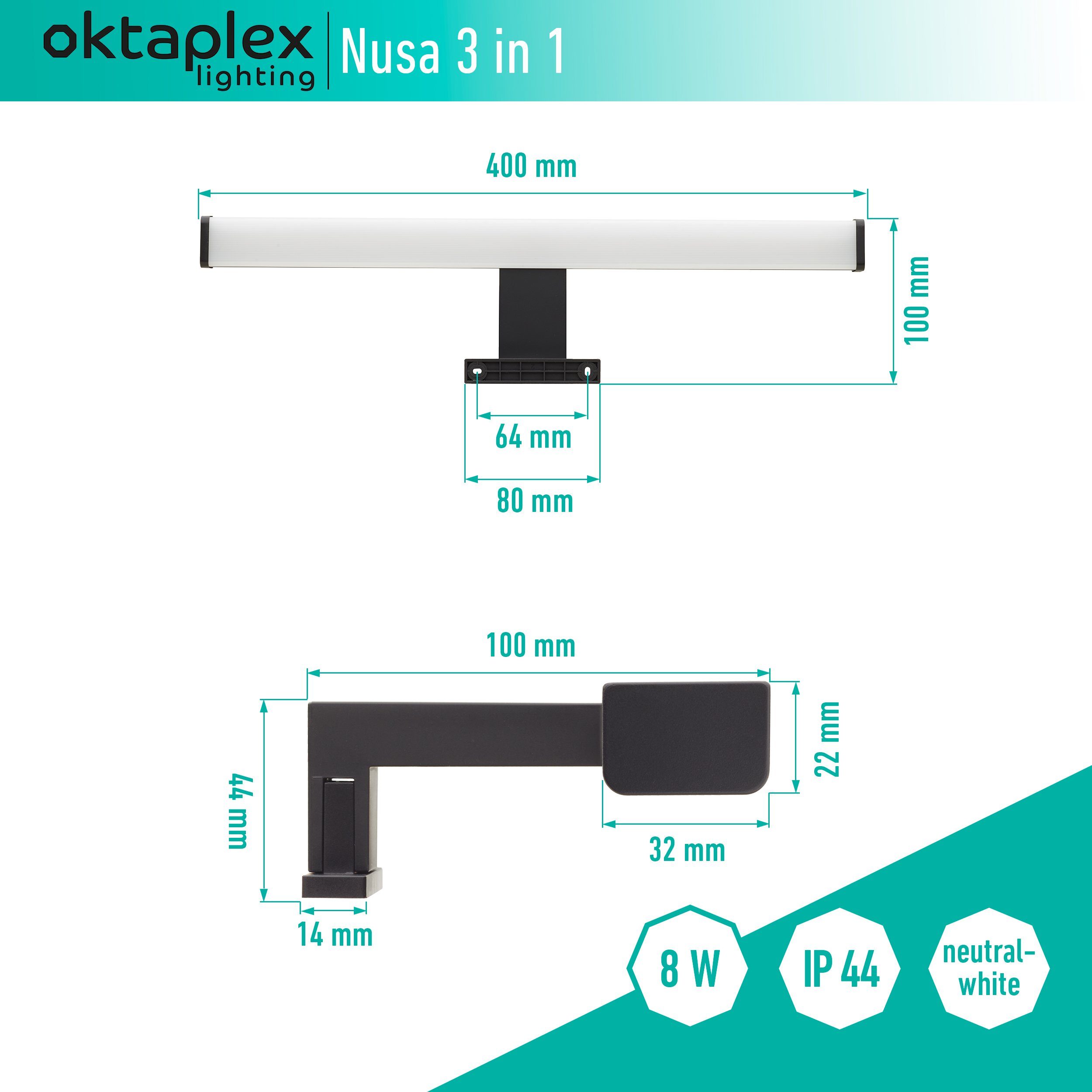 Oktaplex lighting LED Spiegelleuchte Bad Schminklicht 40cm LED 570lm neutralweiß fest 8W, schwarz, 4000K, in Spiegellampe IP44 Nusa 3 verbaut, 1