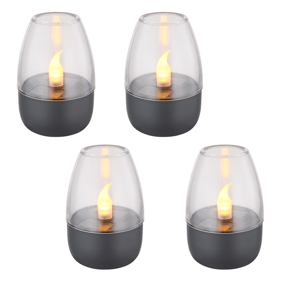 GLOBO LIGHTING LED Solarleuchte, LED-Leuchtmittel fest verbaut, Warmweiß, Solarleuchte Tischlampe LED Feuereffekt grau klar Außenlampe 4x