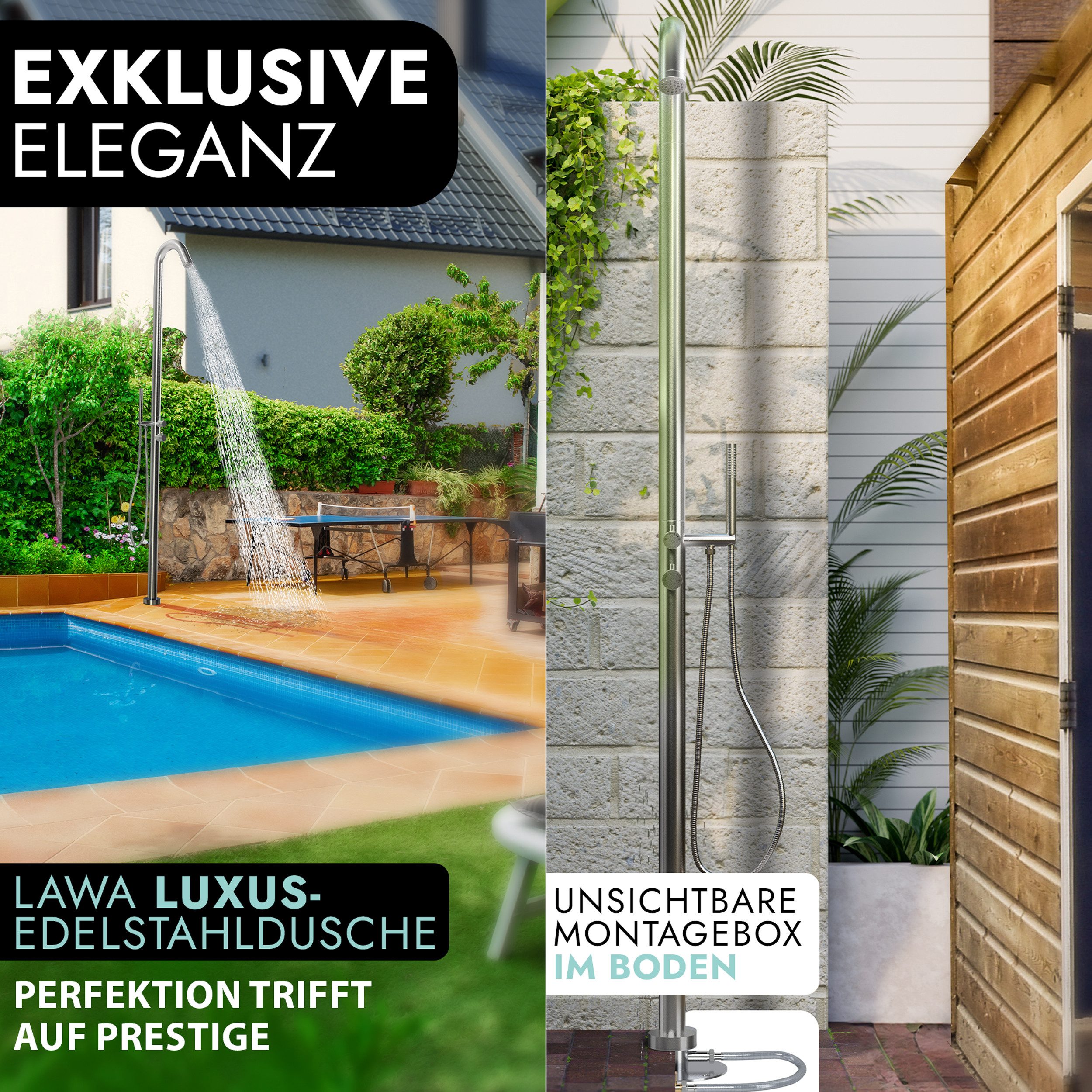 LAWA Living and Lifestyle Gartendusche V2A Edelstahl Außendusche Sauna 2 Anschlüsse mit Mischbatterie (rostfrei, Warmwasserdusche / Kaltwasserdusche mit Edelstahl Handbrause), Pool Dusche Garten Saunadusche