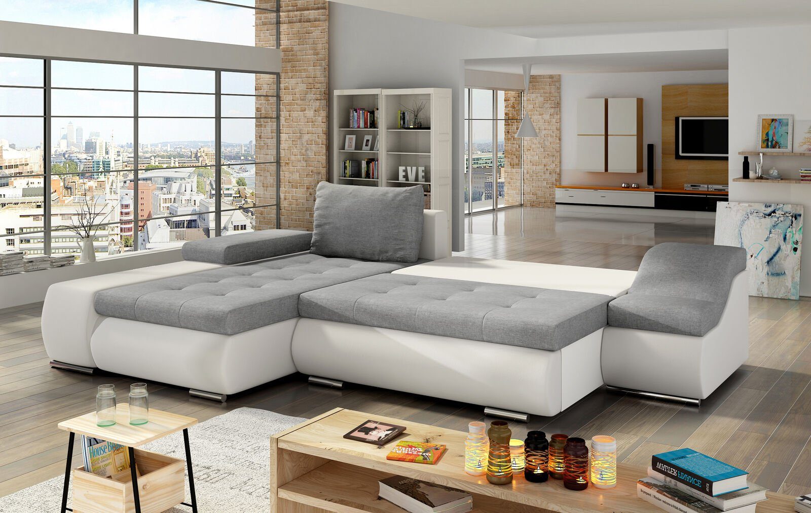 JVmoebel Ecksofa, Moderne Ecksofa Ontario Bettfunktion Wohnzimmer Couch Textil Sofas Hellgrau / Weiß