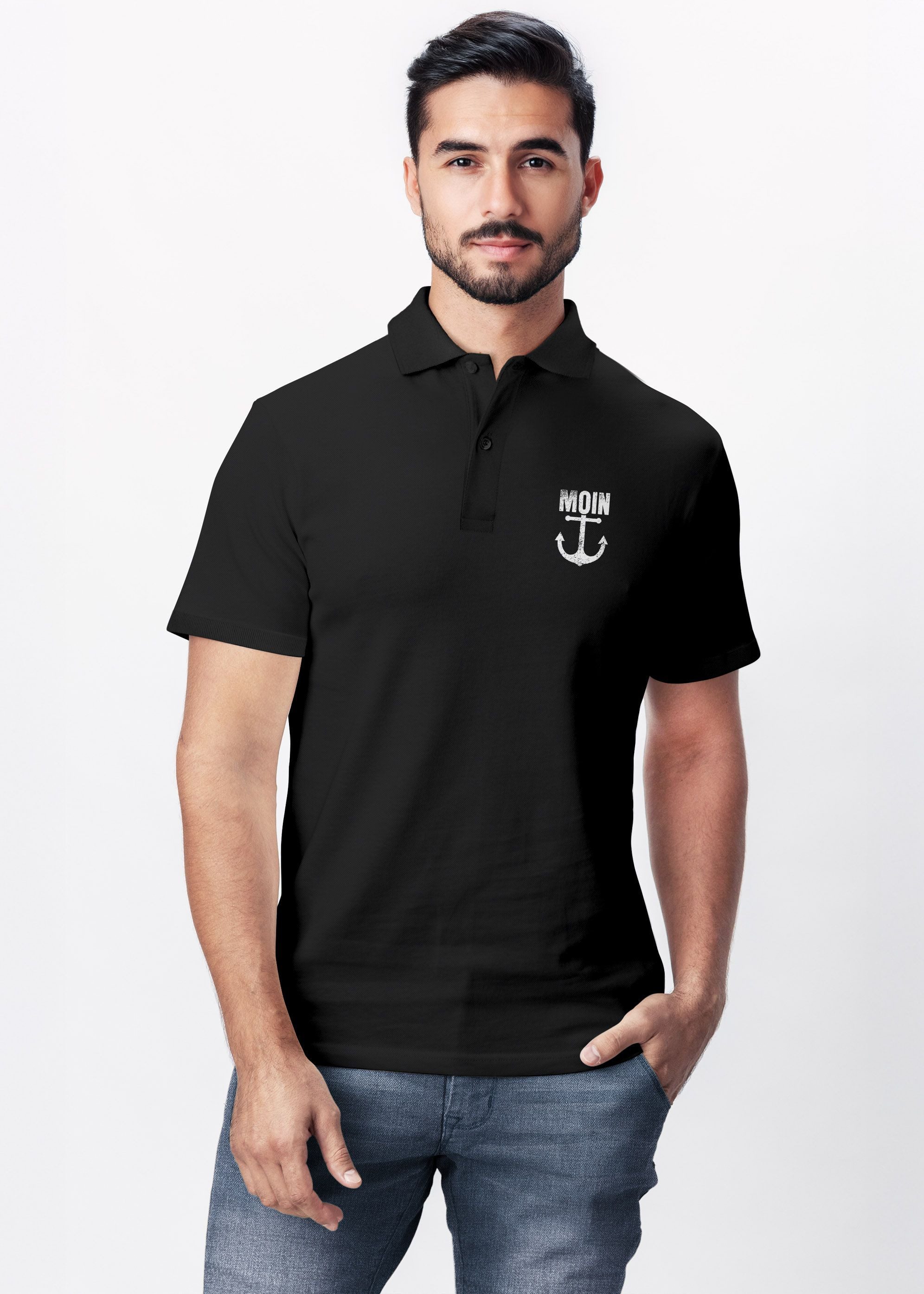 Neverless Poloshirt Poloshirt Herren mit MOIN Anker Print – Kurzarm Polohemd aus mit Print