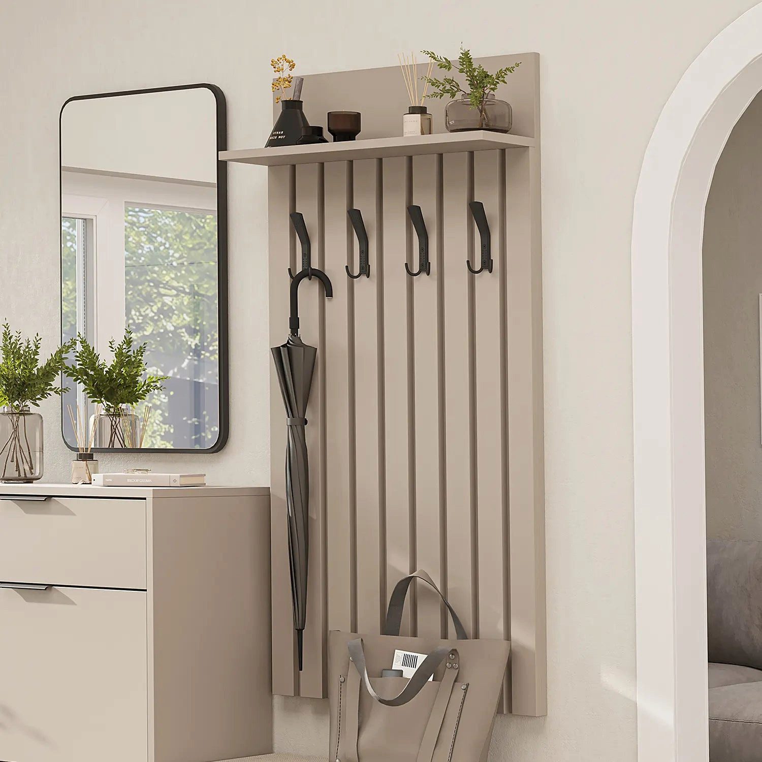 Roomart Garderobenpaneel NORD 130 cm, 4 Doppelhaken & Hutablage, Wandgarderobe Lamellenoptik, Lamellenoptik, 4 Doppelhaken & Hutablage, nur 18,6 cm tief, 130 cm