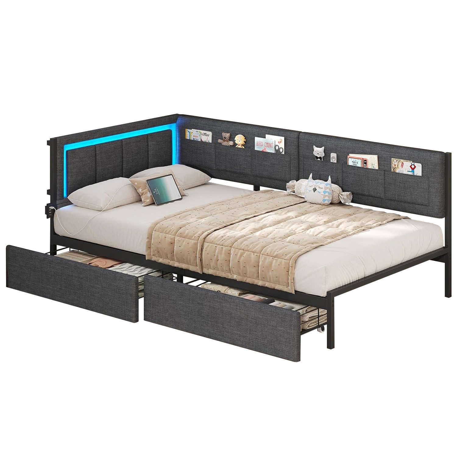 KIMENICH Polsterbett Schlafsofa mit LED-Beleuchtung, 6 Stoffbeutel & Ladestation (Ohne Matratze), Jugendbett mit 2 Schubladen, Grau – 90x200 cm