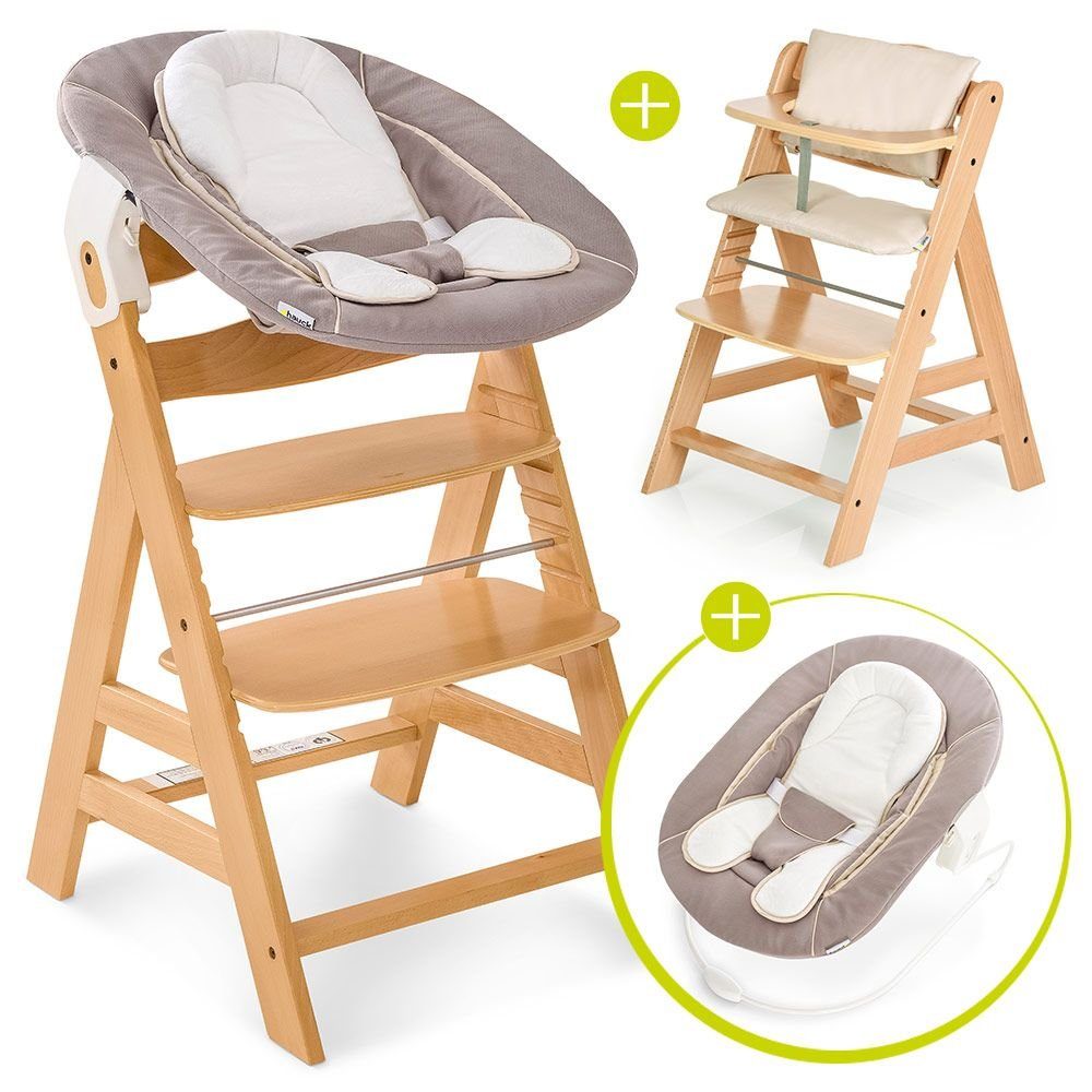 Hauck Hochstuhl Alpha Plus Natur - Newborn Set (Set, 4 St), Holz Babystuhl  ab Geburt mit Liegefunktion inkl. Aufsatz für Neugeborene & Sitzauflage -  mitwachsend, höhenverstellbar