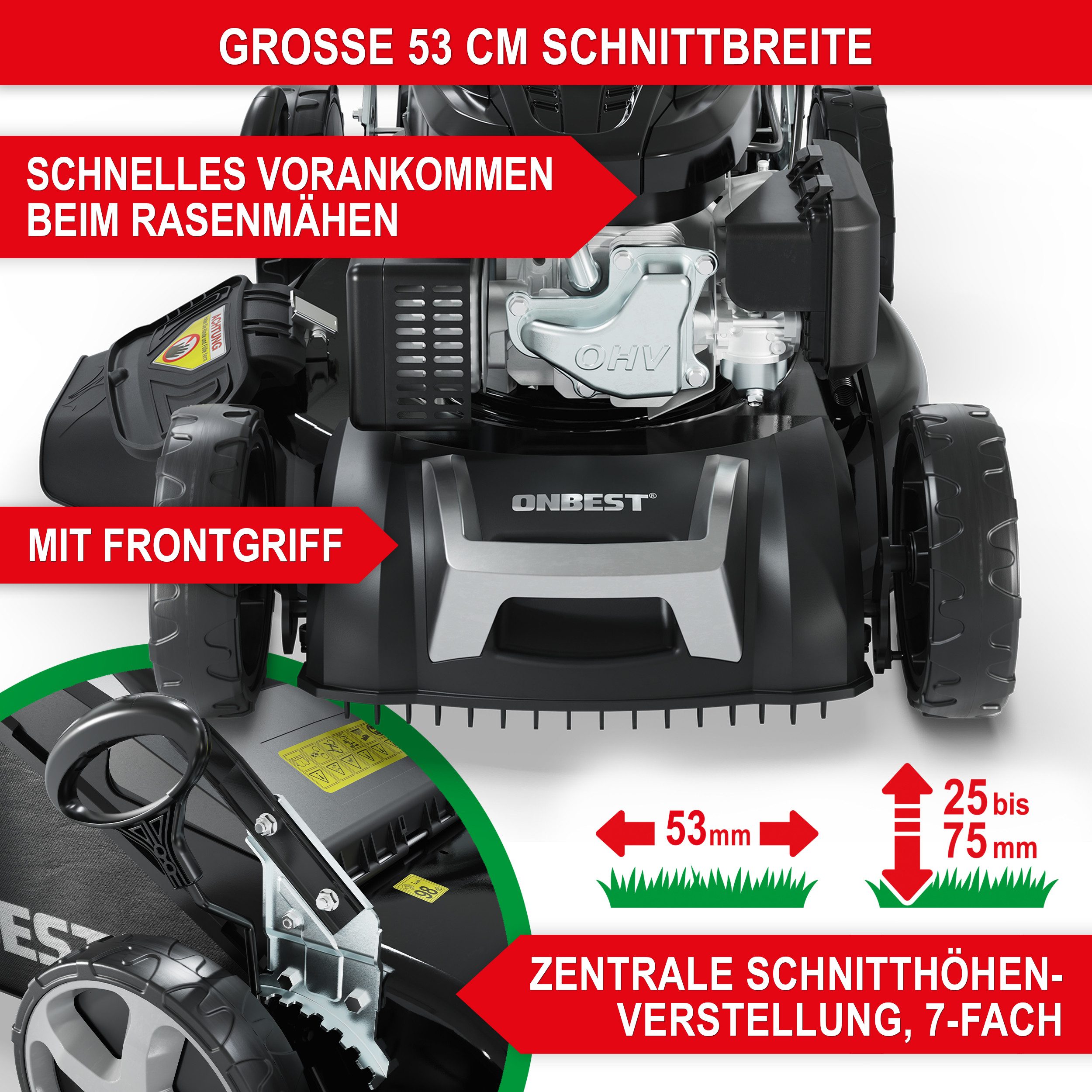 Onbest Benzinrasenmäher 5in1 mit Radantrieb Elektrostart Tornado X-Cut, 53.00 cm Schnittbreite, 6,5PS, Doppelmesser mit Sograd