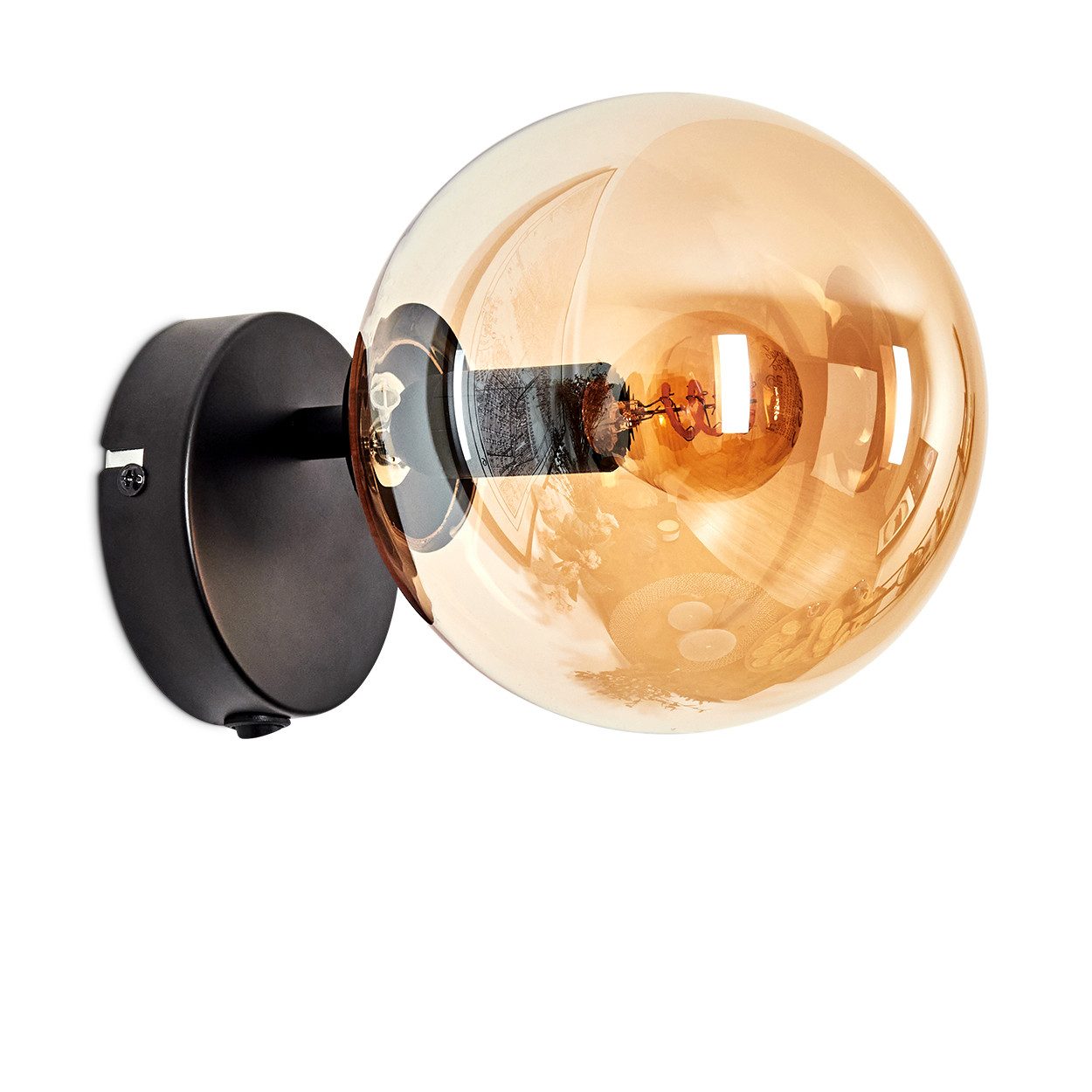 hofstein Wandleuchte Wandlampe aus Metall/Glas in Schwarz/Bernsteinfarben, ohne Leuchtmittel, Wandleuchte im Retro/Vintage-Design mit Glasschirm (15 cm), E14