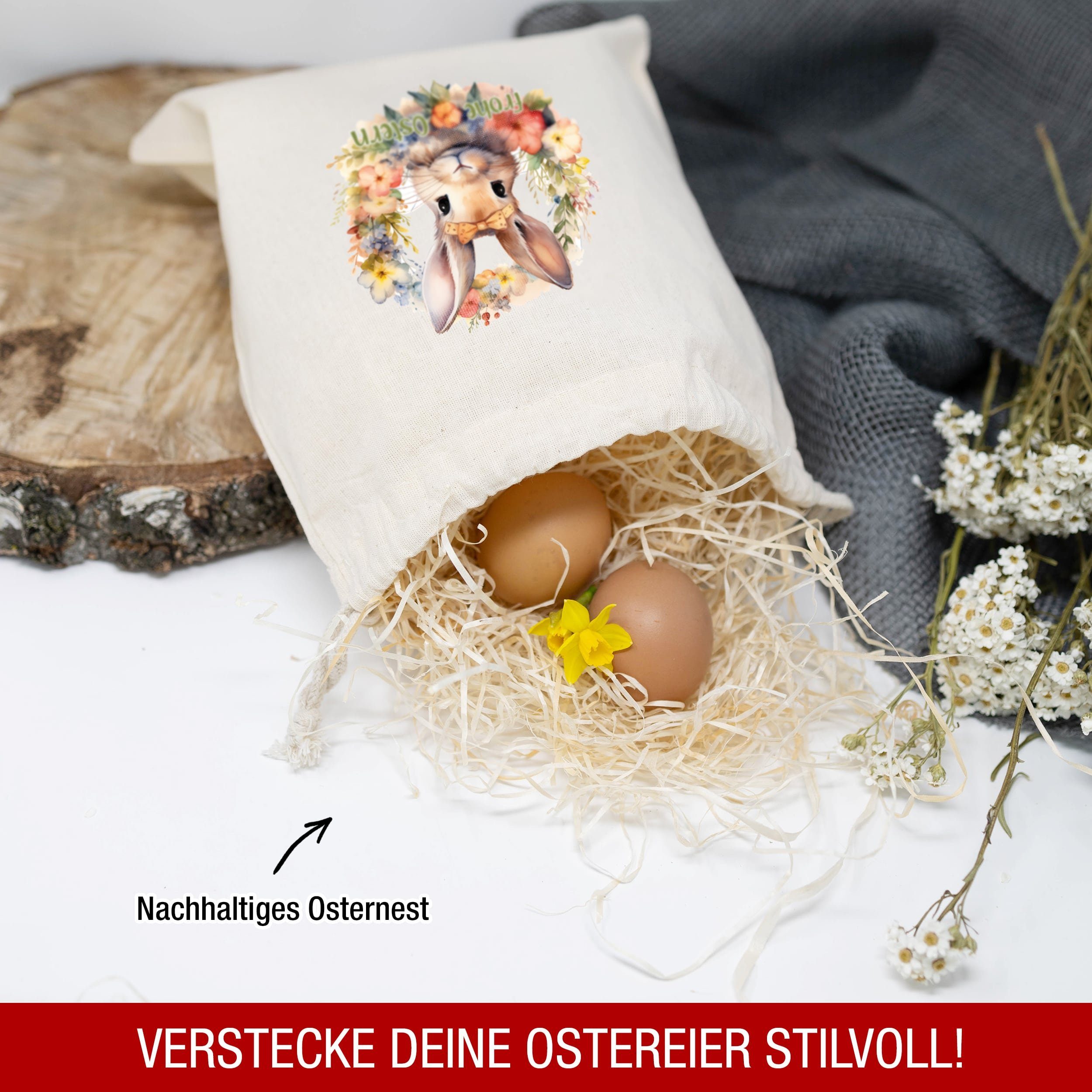 TOBJA Osternest Osterbeutel Stoff 3er Set Ostern Geschenkverpackung, Geschenksäckchen 25x30cm Osterhasen Ostergeschenk