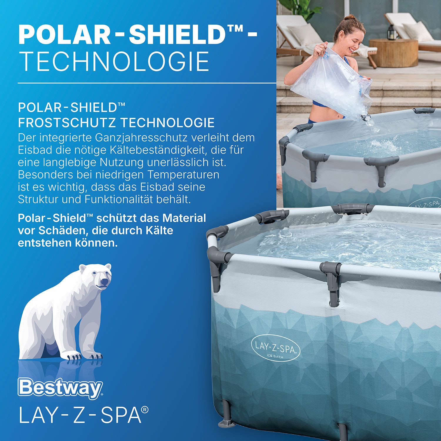 Bestway Pool LAY-Z-SPA® Eisbad Glacial Dip™ (Set, Inkl. Filterpumpe, Abdeckplane / 150 x 90 x 65 cm), Integrierter Ganzjahresschutz Polar-Shield