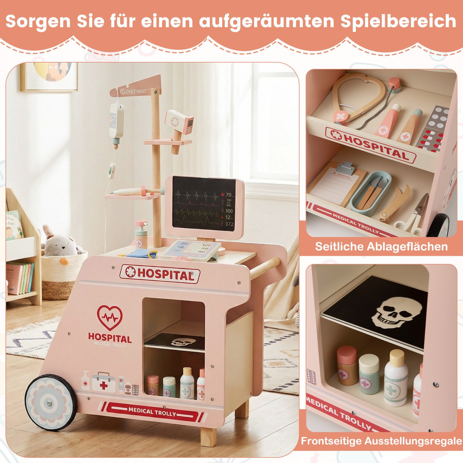 COSTWAY Spielzeug-Arztkoffer, mobiles medizinische Spielzeug mit CT-Maschine & Stethoskop