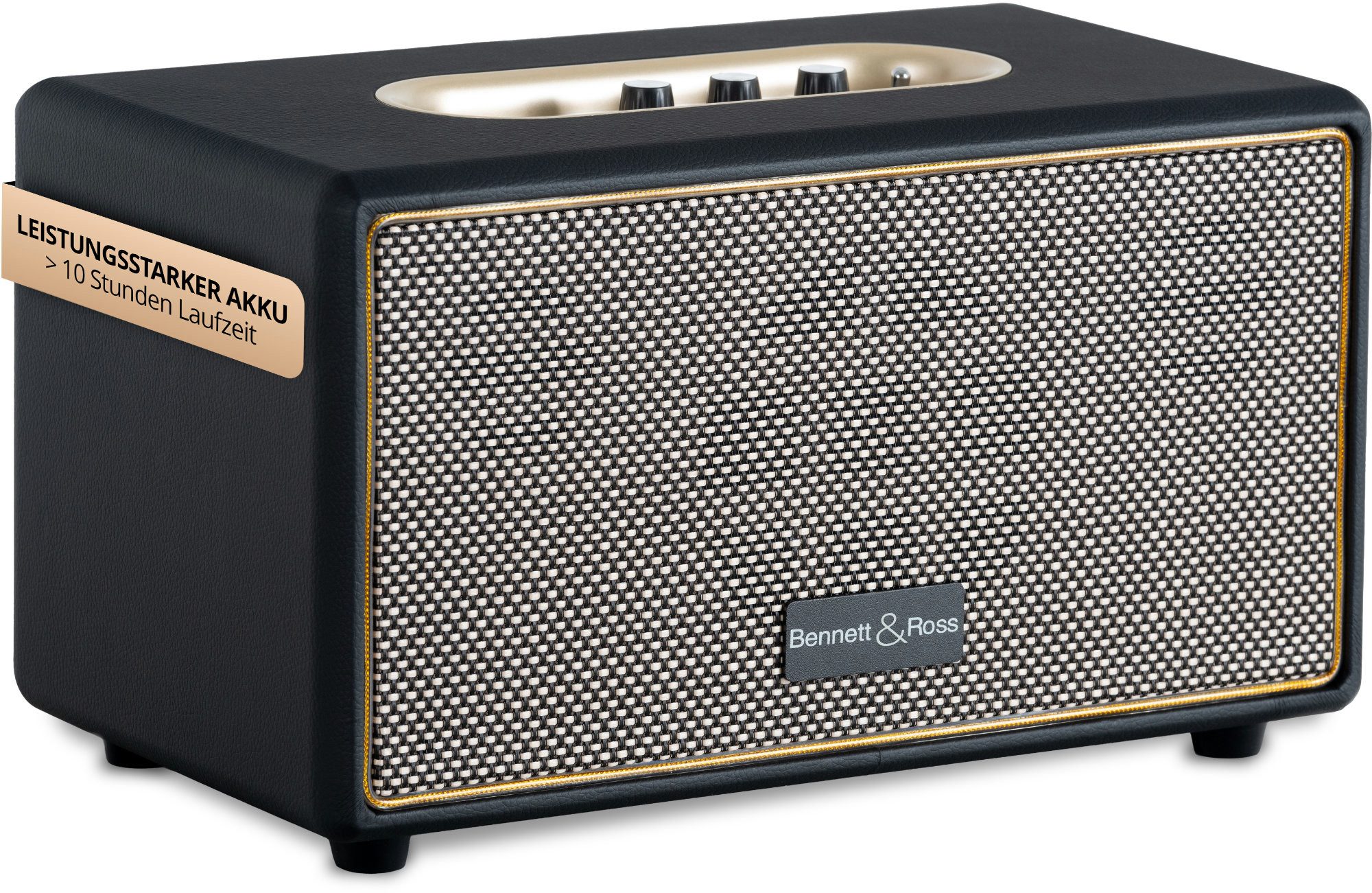 Bennett & Ross BB-860A BK Blackmore Bluetooth Akku Lautsprecher Schwarz Bluetooth-Lautsprecher (60 W, Premium Speaker mit Gehäuse in Lederoptik & 6000 mAh Akku)