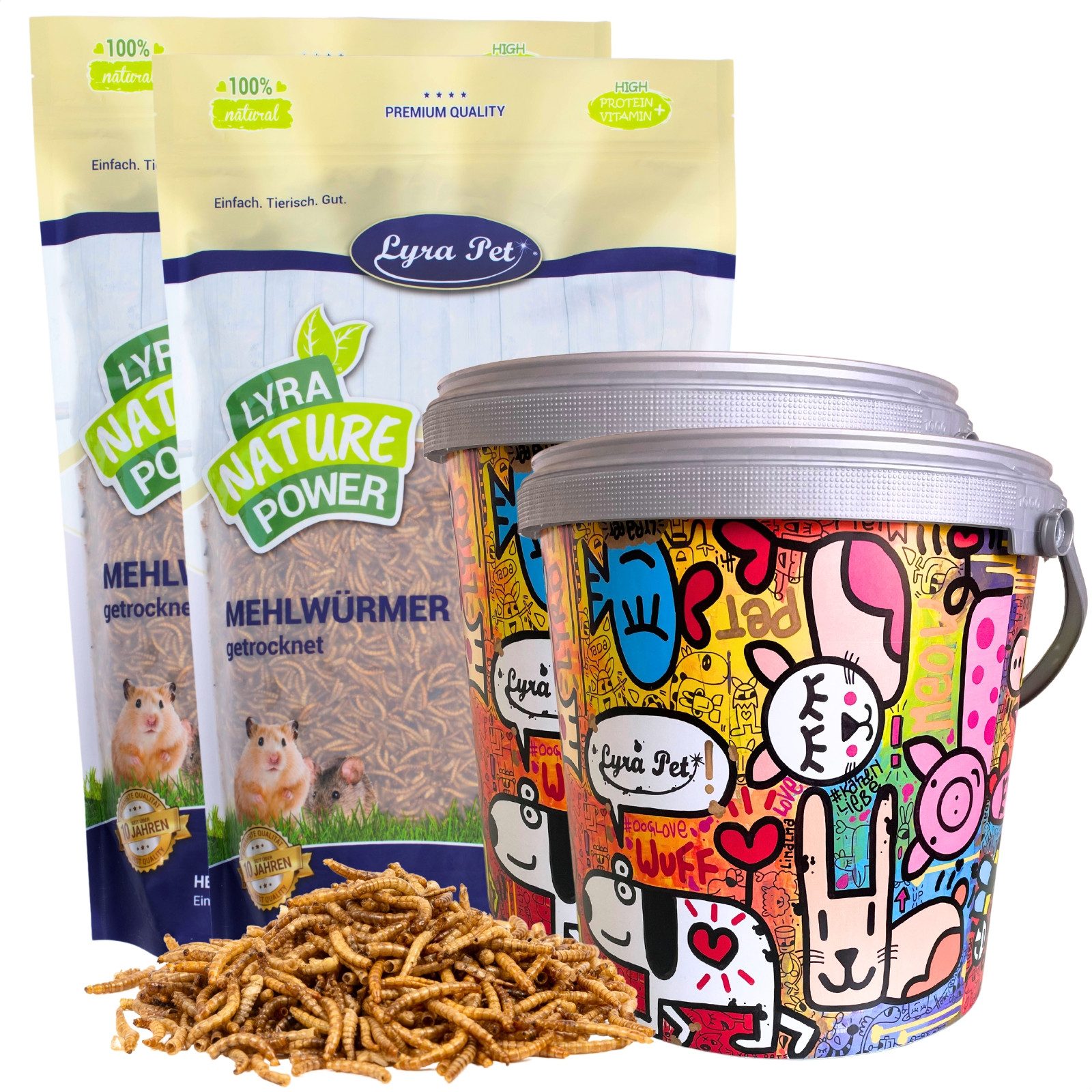 Lyra Pet 2 x 10 Liter Lyra Pet® Mehlwürmer im Design Eimer, Insekten für: Wildvogel, Nager, Reptilien, Fisch