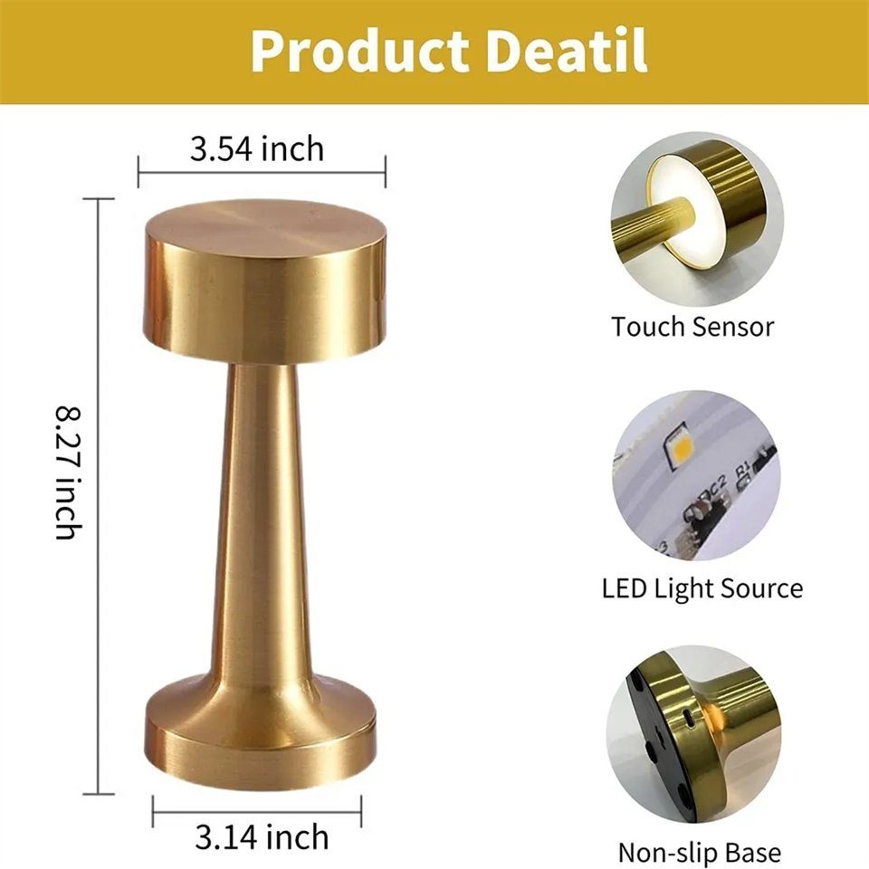 Ciskotu LED Nachttischlampe Tischlampe Kabellos Metall, Steuerung Augenschutz USB Dimmbar Gold Tischleuchte, Wiederaufladbare Leselampe, Tischleuchte Led Touch