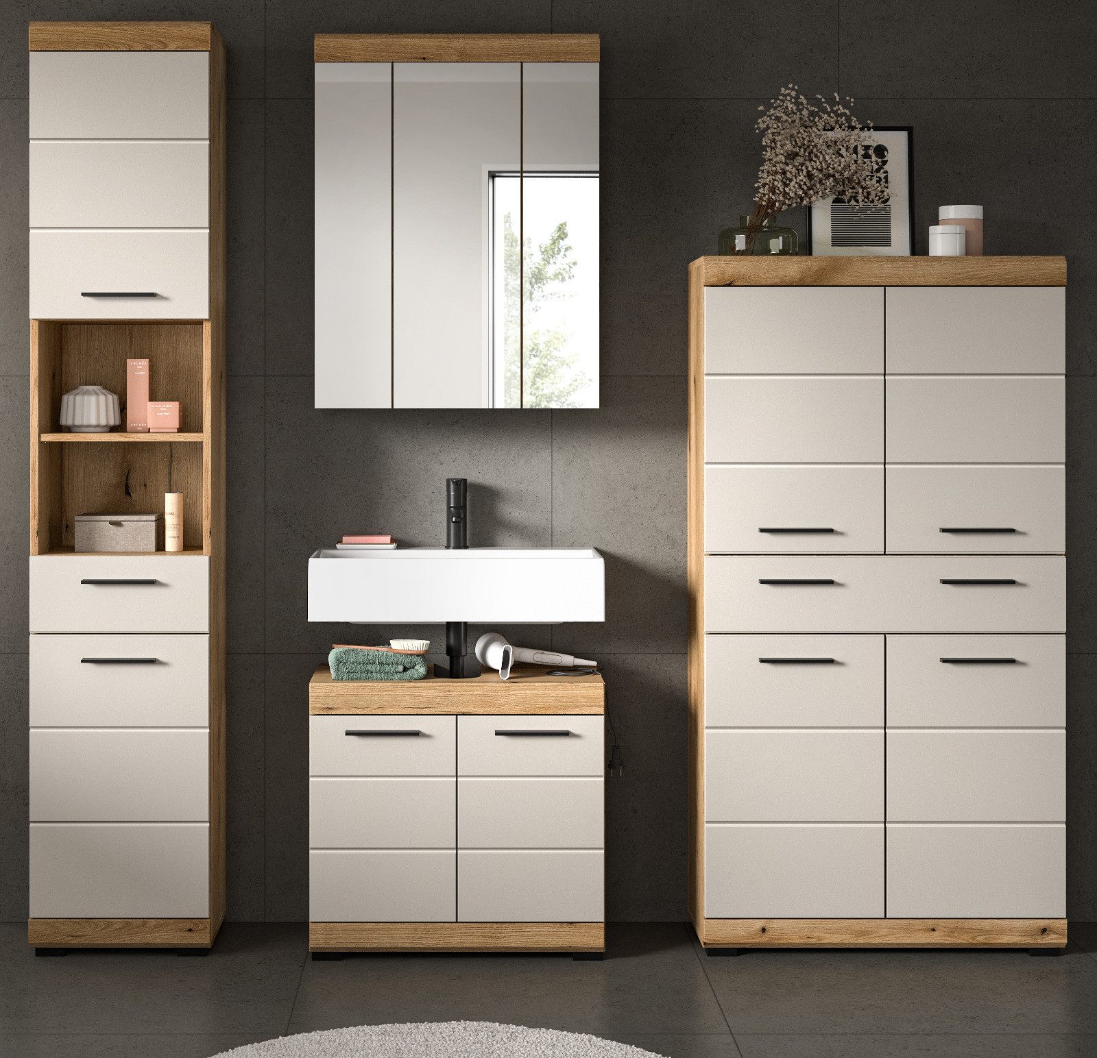 Inn.Furn Badmöbel-Set Shawn, (Badezimmer 4-teilig in Eiche und Sand Kaschmi günstig online kaufen