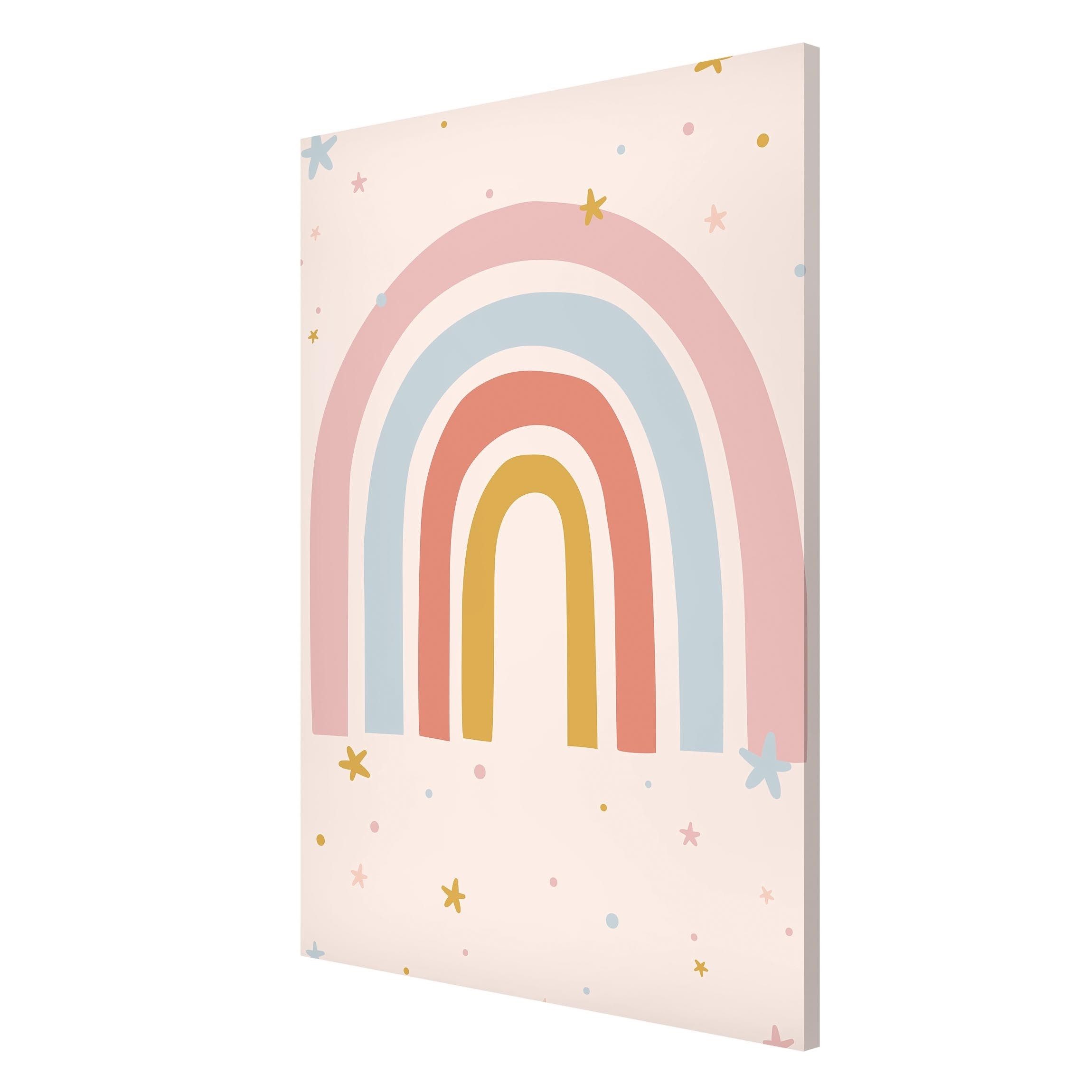 Bilderdepot24 Magnettafel Kinder pastell Großer Regenbogen mit Sternen und Pünktchen, (1-tlg., Magnetboard Pinnwand für die Wand - metallische Tafel für Magnete), Magnetwand groß mit Motiv Kinderzimmer Memoboard magnetisch Hochformat