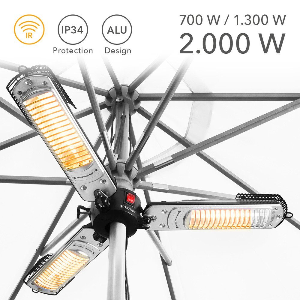 SC, 2005 IR Watt TROTEC Heizstufen, Heizleistung, Terrassenstrahler bis 2000 W 3 Schirm-Heizstrahler zu 2.000