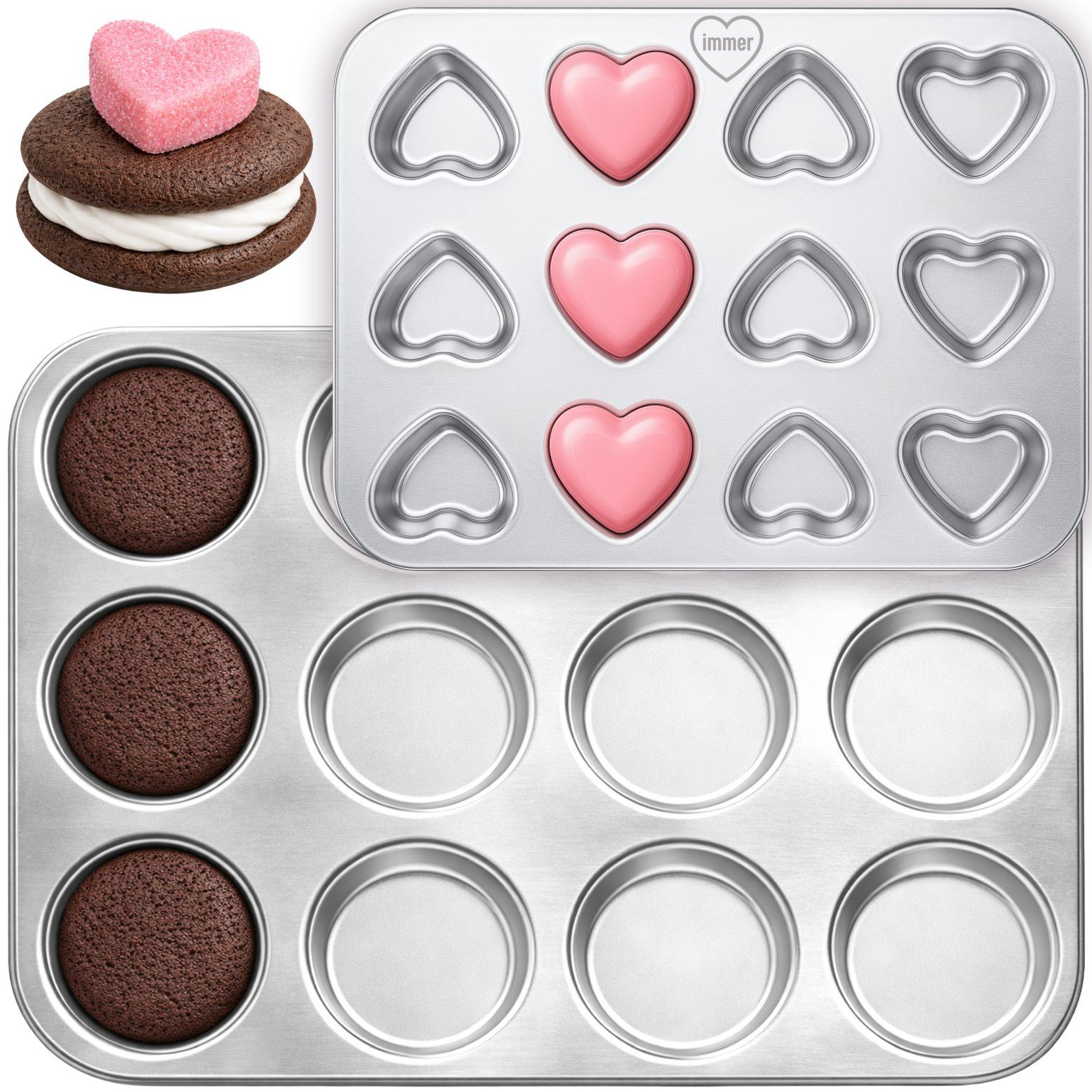 immer Muffinform Edelstahl Backform-Set Muffinblech 12 Whoopie-Pies & Herz-Mini-Muffins, (Muffinblech-Set 2-tlg)