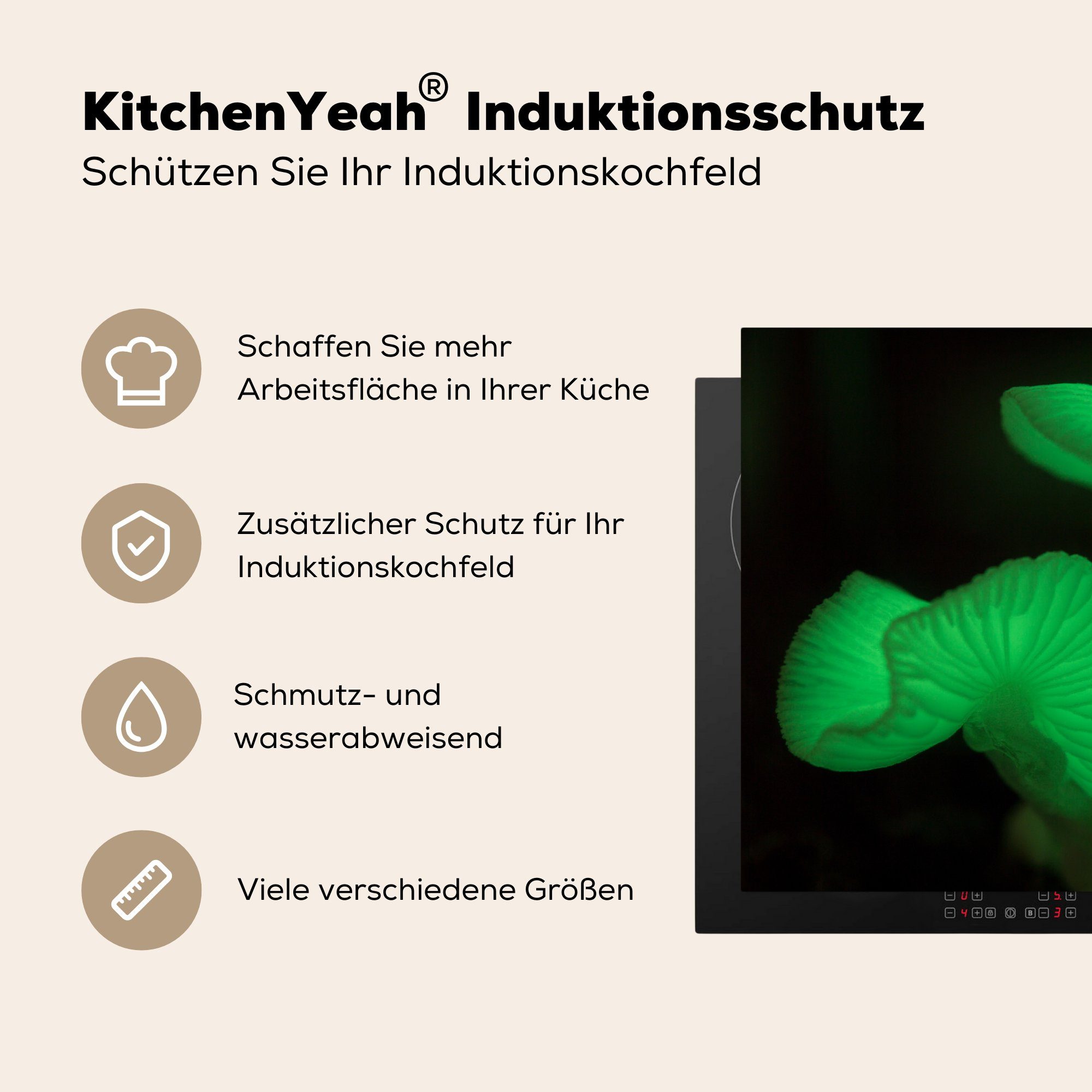 MuchoWow Herdblende-/Abdeckplatte Grüne 81x52 Vinyl, tlg), die cm, Pilze (1 Induktionskochfeld Ceranfeldabdeckung küche, Schutz für schwarzem Hintergrund, vor