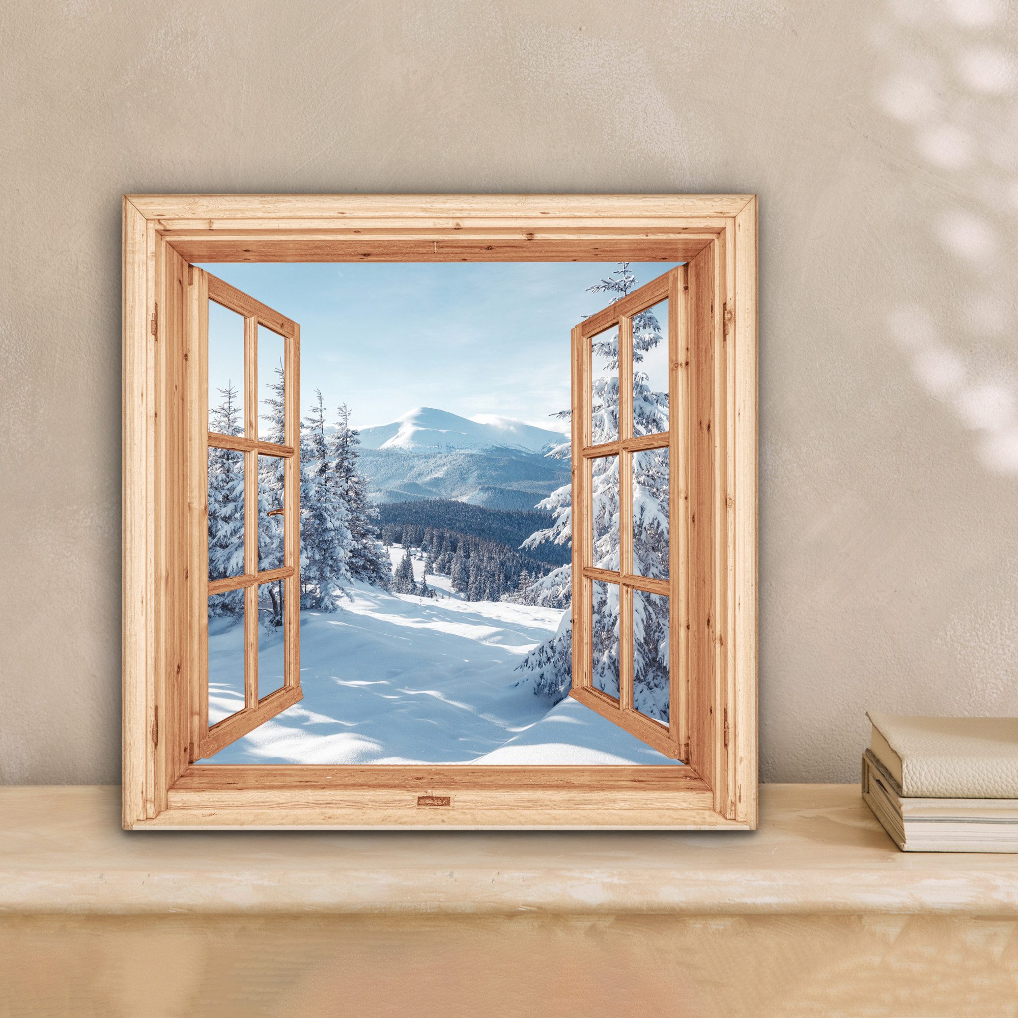 OneMillionCanvasses® Leinwandbild Durchblick - Winterlandschaft - Natur - Berg - Bäume - Holz, Fotodruck (1 St), Wandbild, Deko Schlafzimmer Wohnzimmer Flur 20x20 cm