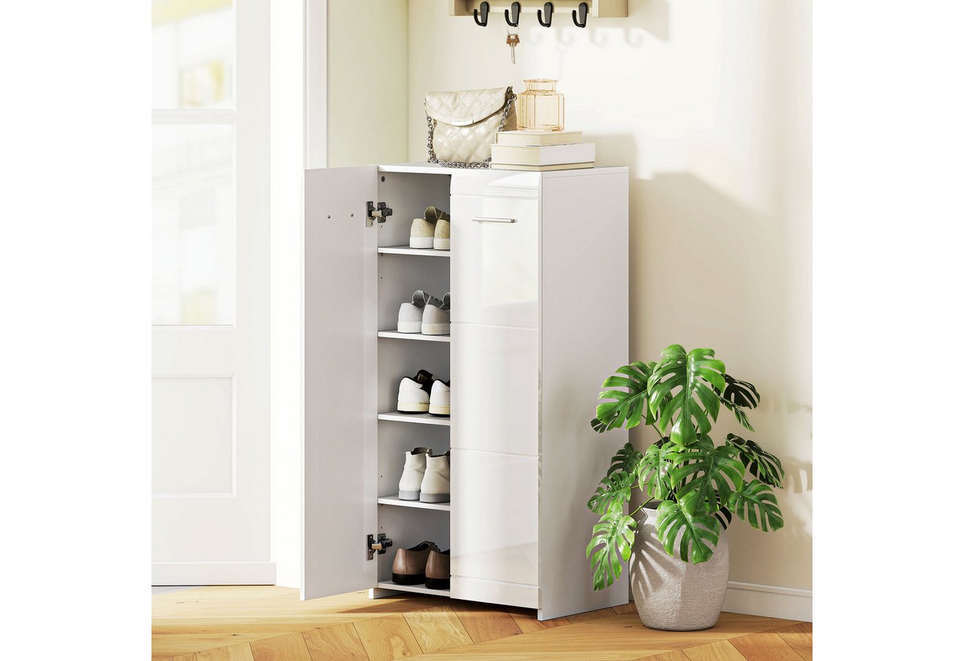 HOMCOM Schuhschrank Schuhaufbewahrung mit 2 Türen, Flurschrank, verstellbare Ablagen (Set, 1-St., 1er Set) Schuhschrank für 10 Paar Schuhe, Hochglanz Weiß