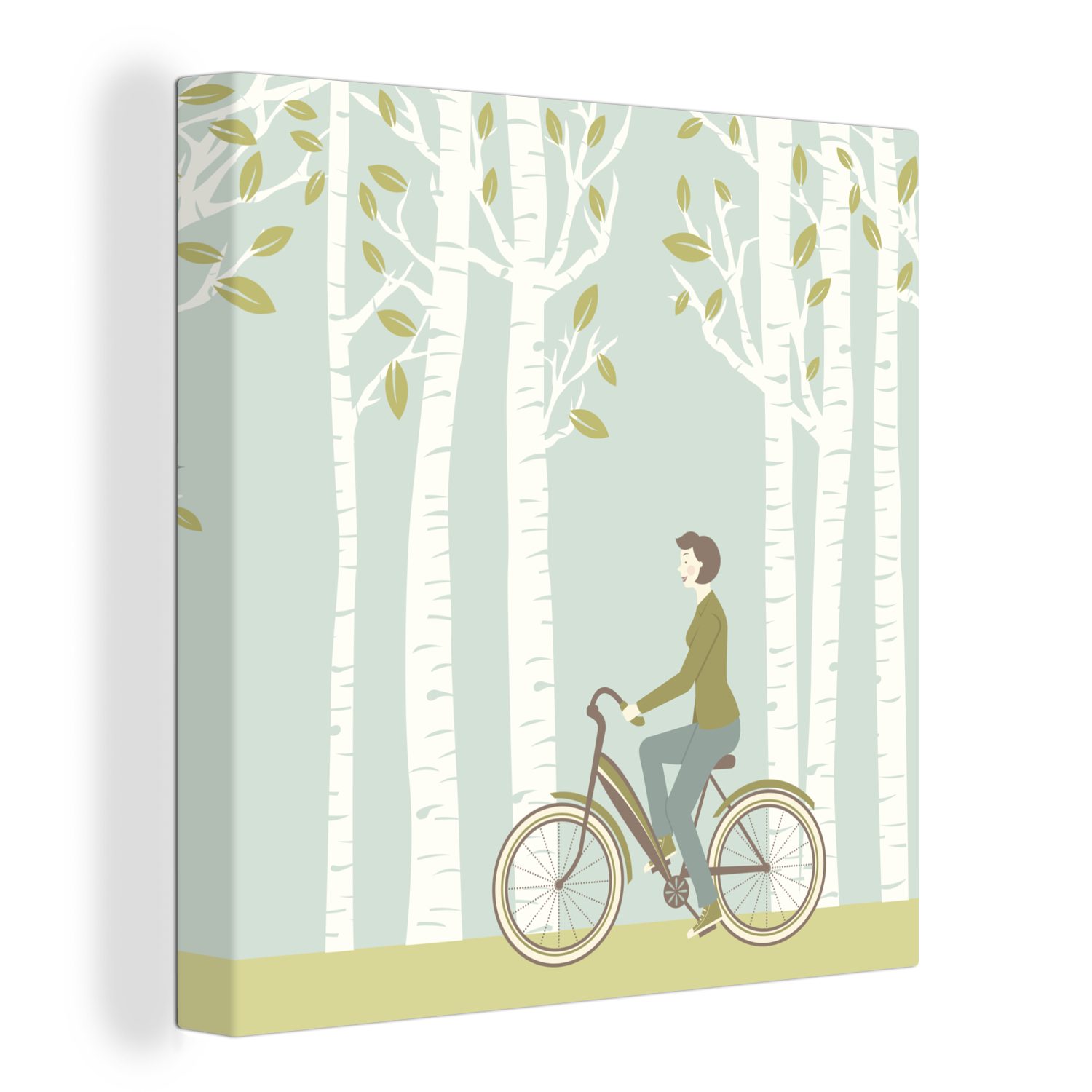 OneMillionCanvasses® Leinwandbild Illustration einer Frau, die mit dem Fahrrad vor einem Birkenwäldchen, (1 St), Leinwand Bilder für Wohnzimmer Schlafzimmer