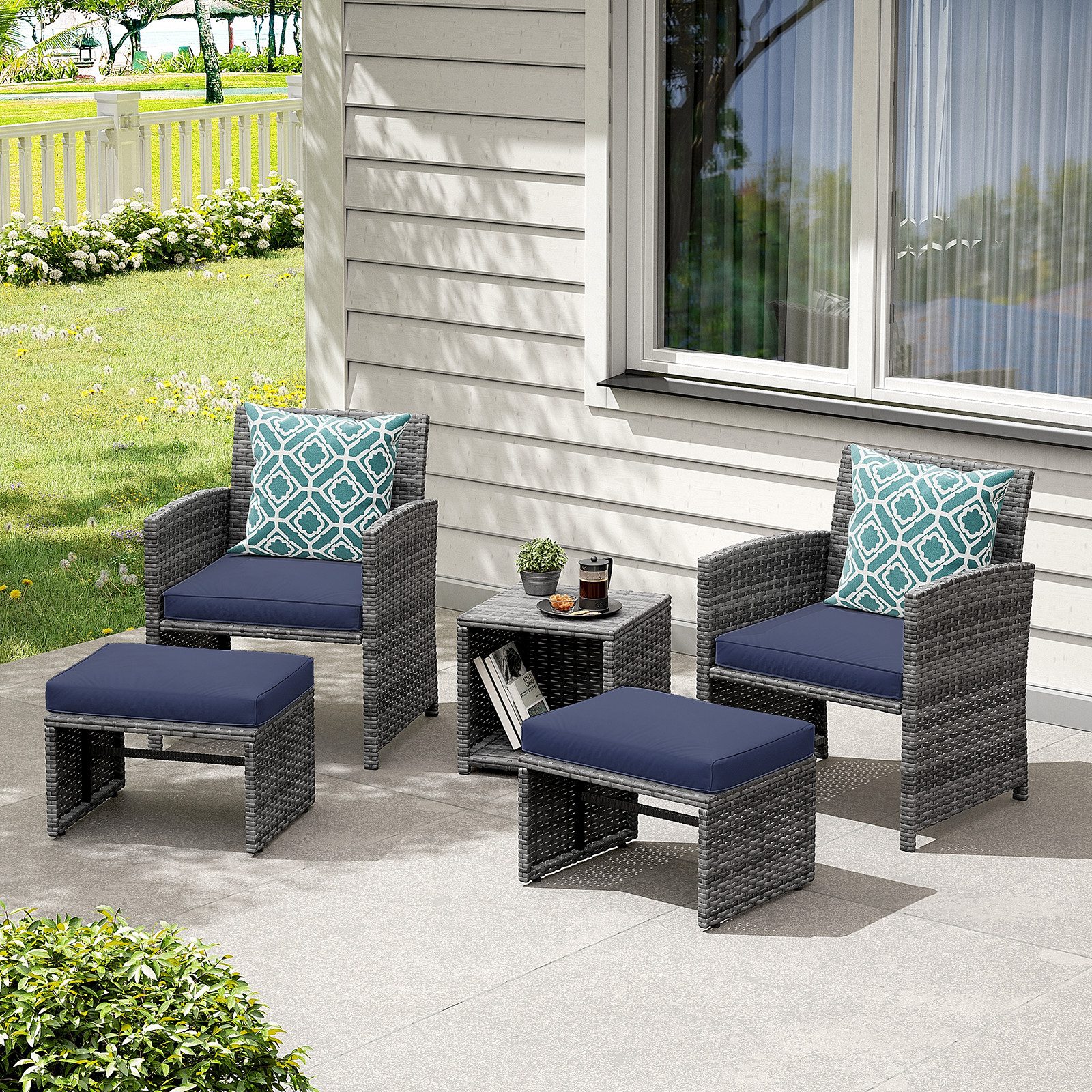 Sunsitt Balkonset Balkonmöbel-Set, 5-tlg Rattan Gartenmöbel-Set, (2er Gartensessel mit Beistelltisch&Hocker,Gartensitzgruppe inkl), Sitzkissen&Rückenkissen, Gartensofa Set für Garten Indoor Balkon, Blau